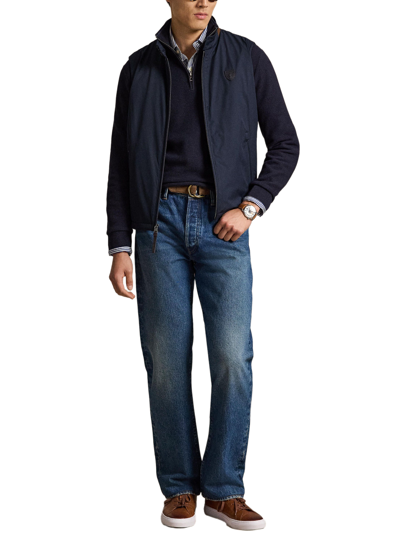 Cotton textured knit zip-up sweater. POLO RALPH LAUREN Blue