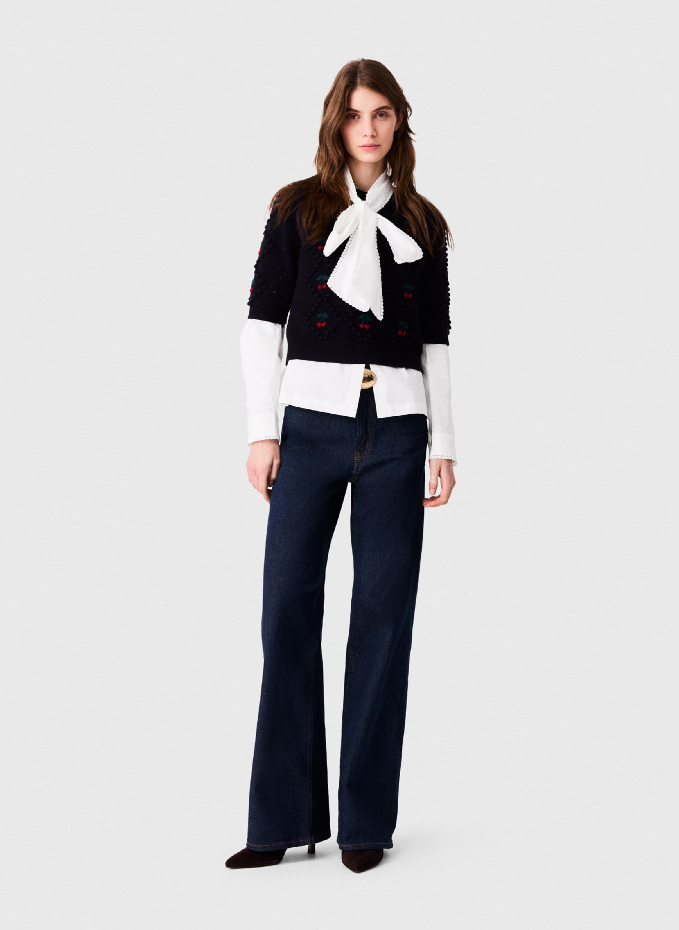 Pull droit col rond brodé en laine MAJE Bleu
