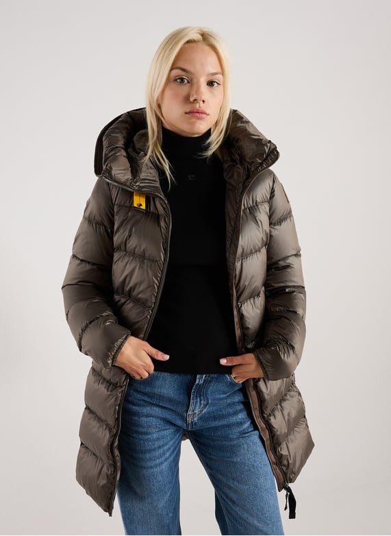 Mid-length hooded puffer jacket Marion | Grey by PARAJUMPERS Mid-length hooded puffer jacket Marion Grey