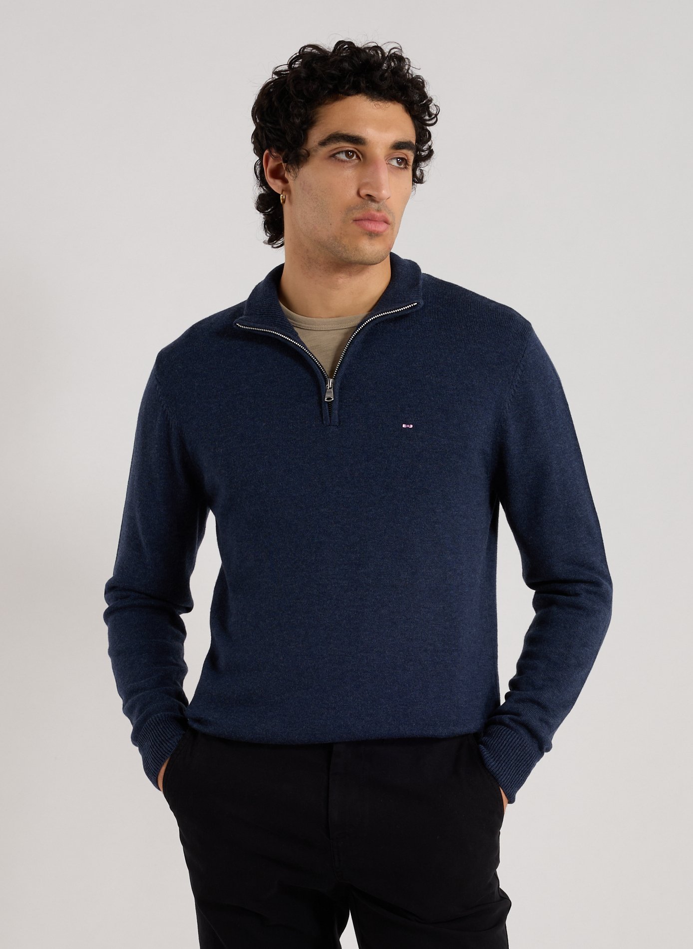 EDEN PARK Pull col zippé en laine et coton Bleu
