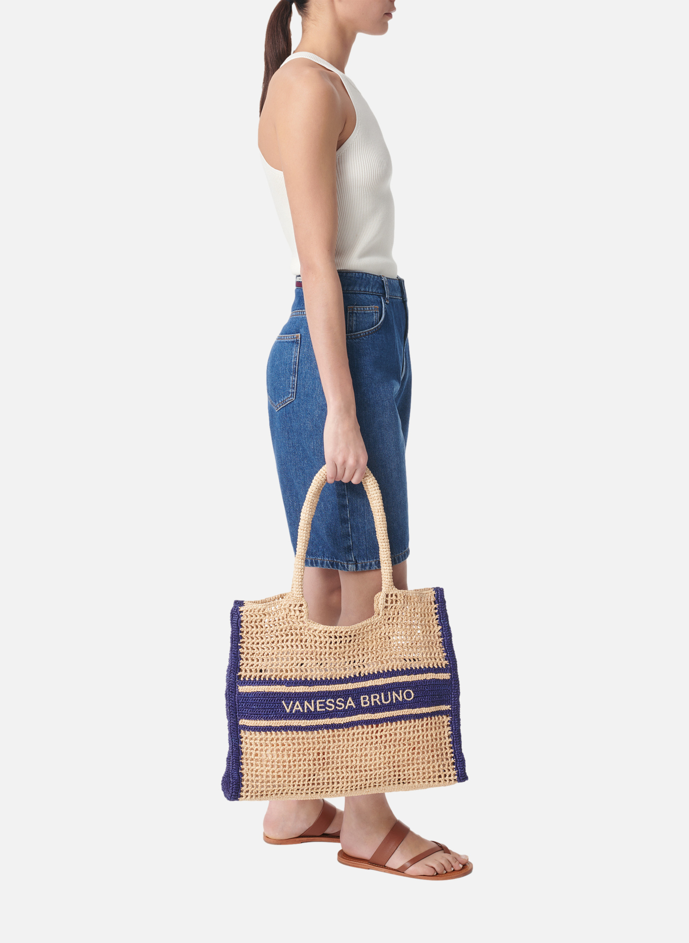 Grand panier en raphia avec rayures VANESSA BRUNO Bleu