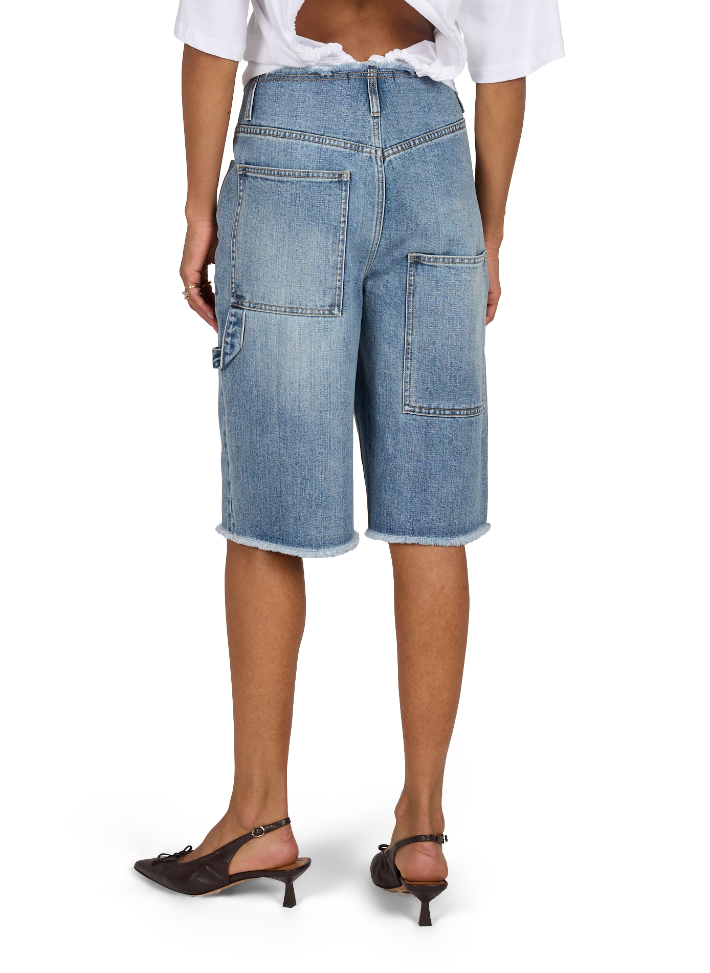 Denim cotton shorts with frayed edges | Blue TIBI Women