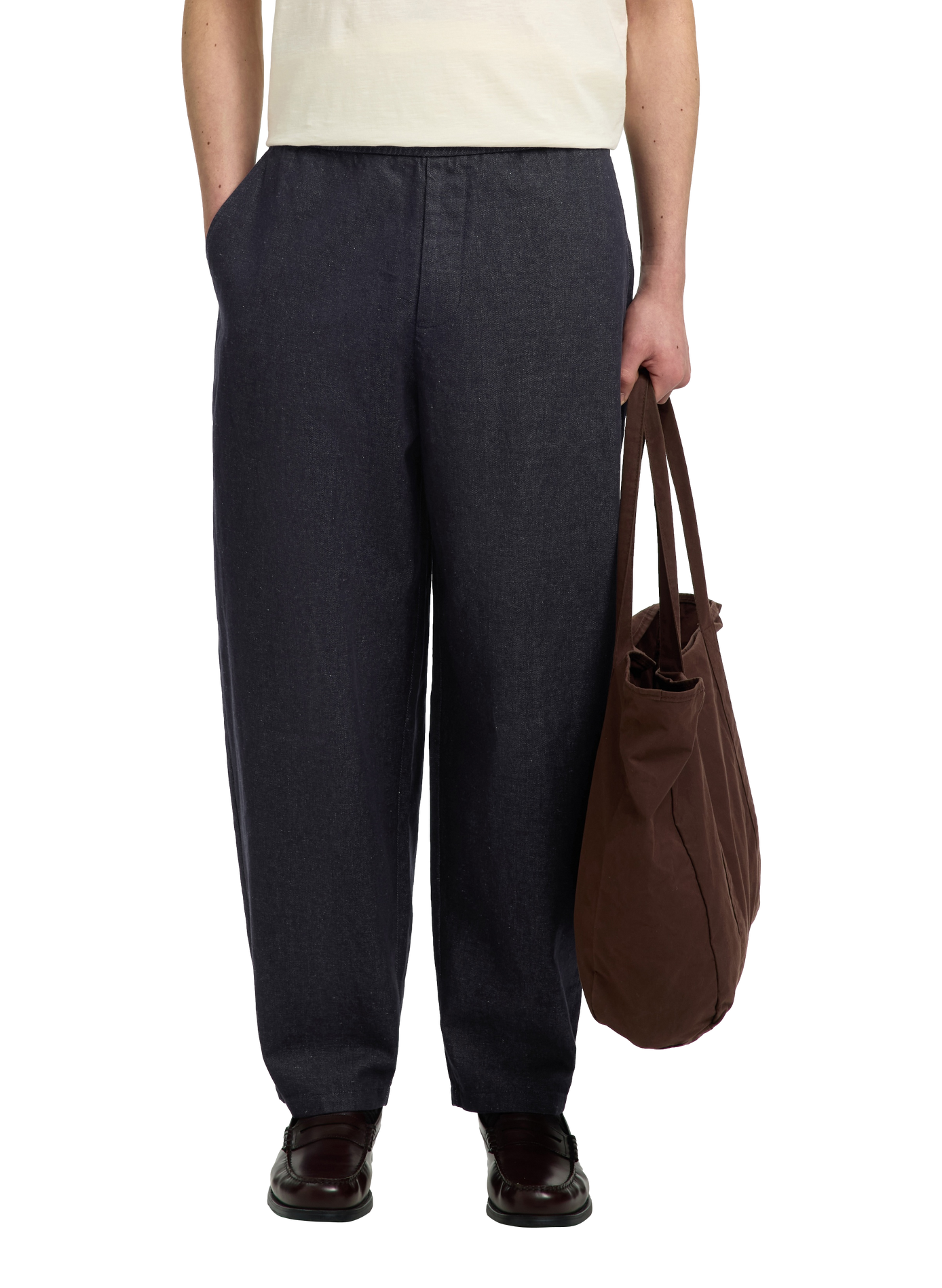 Pantalon droit en coton et lin SELECTED Bleu