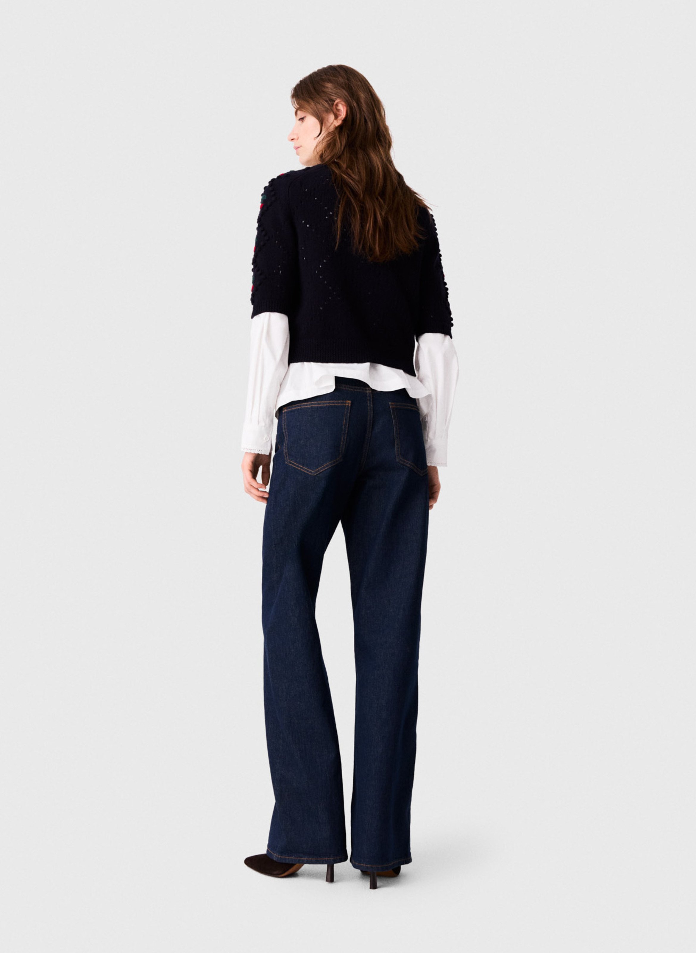 Pull droit col rond brodé en laine MAJE Bleu