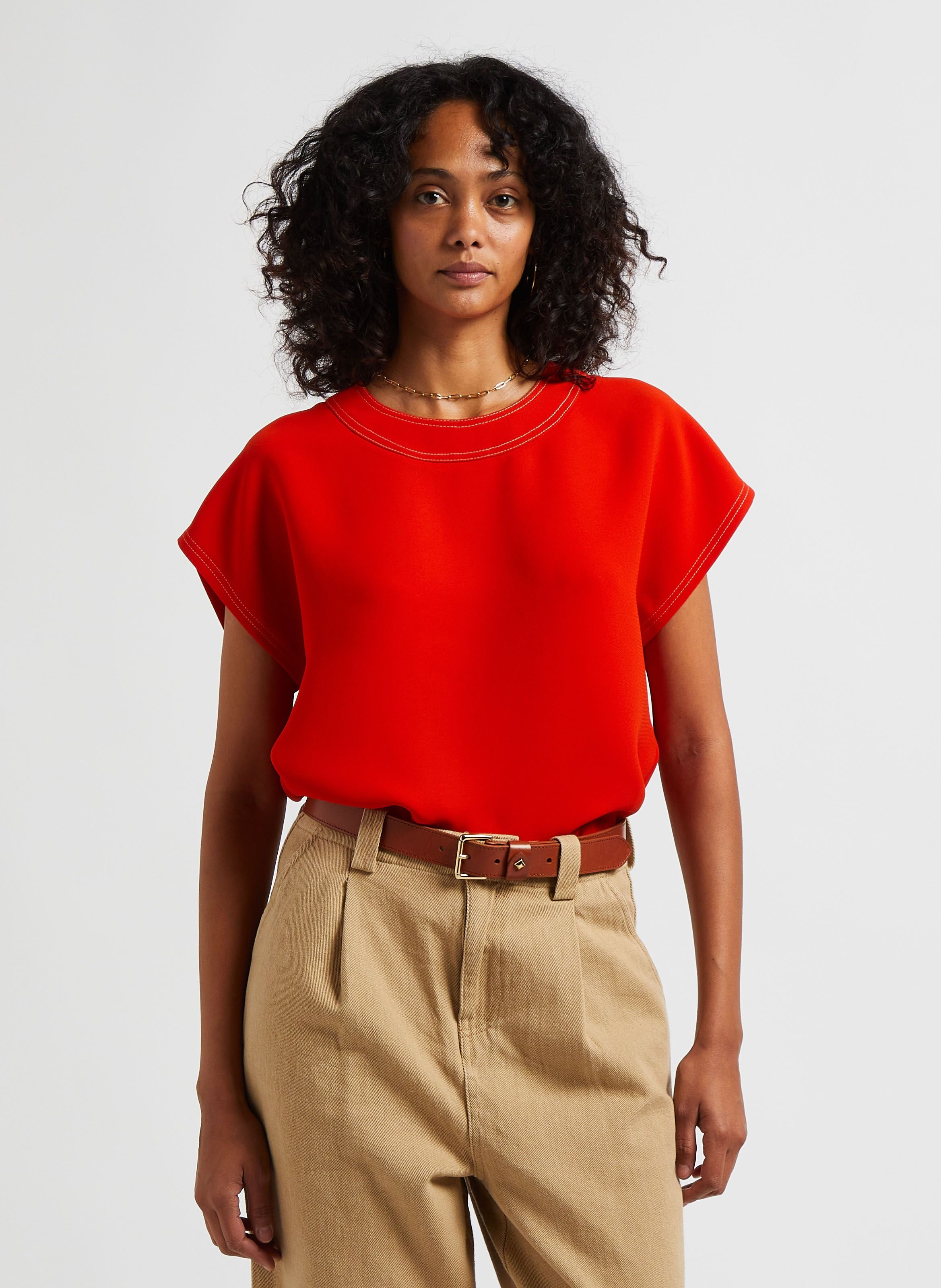 Top à col rond droit à double surpiqûres