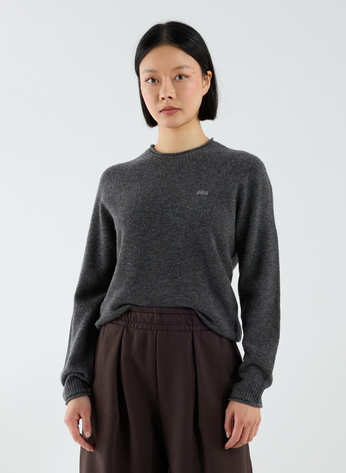 Pull col rond en laine LACOSTE Gris