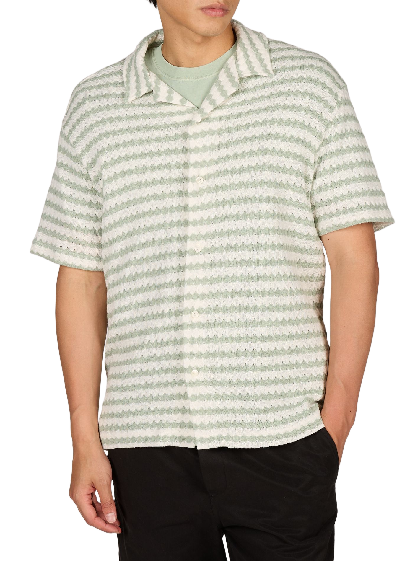 Camicia diritta a righe a maniche corte in cotone SELECTED Verde