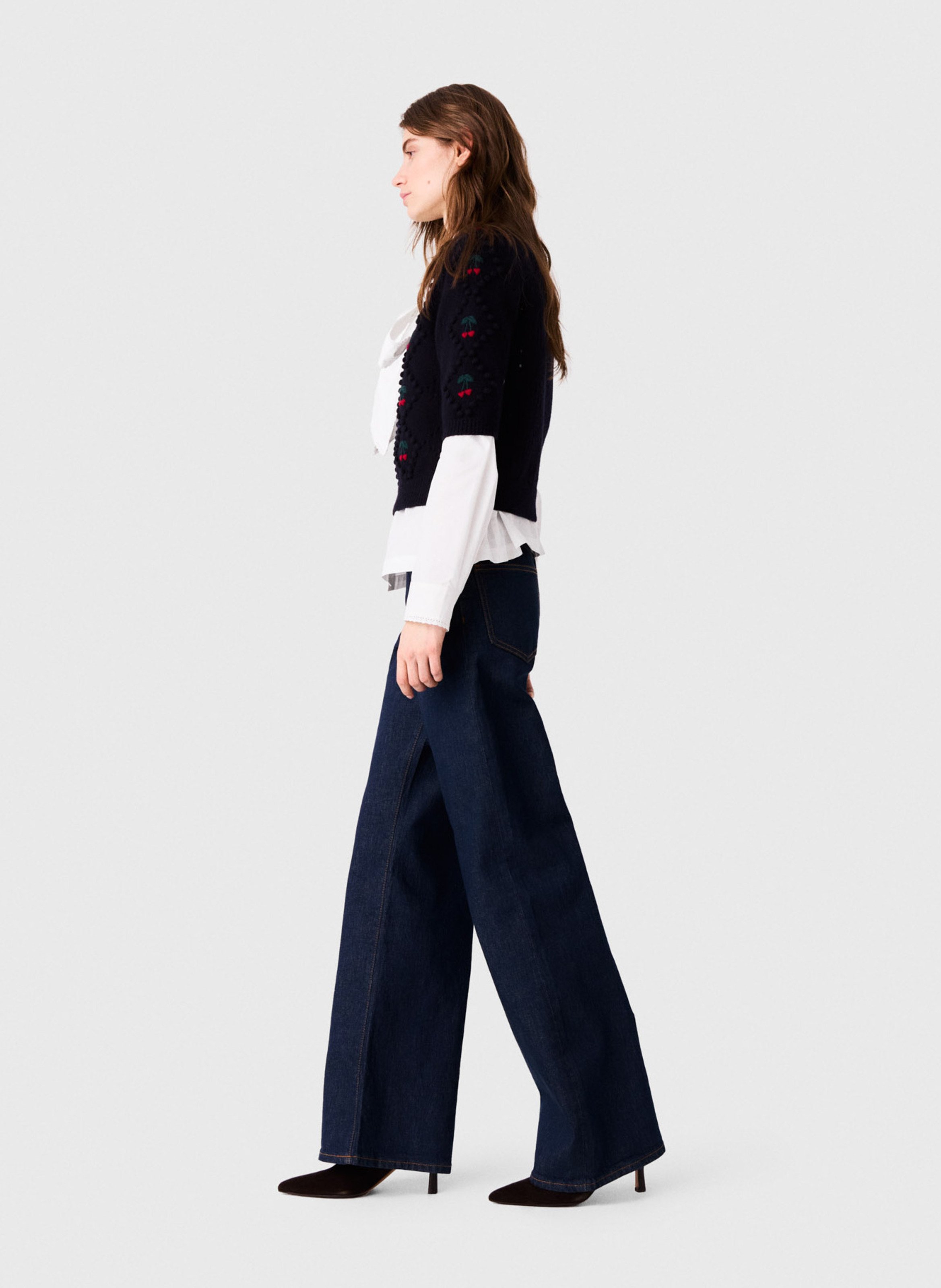 Pull droit col rond brodé en laine MAJE Bleu
