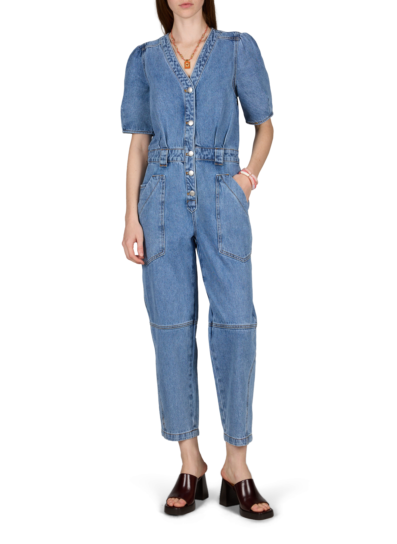 Short-sleeved V-neck denim cotton jumpsuit SUNCOO Blue
