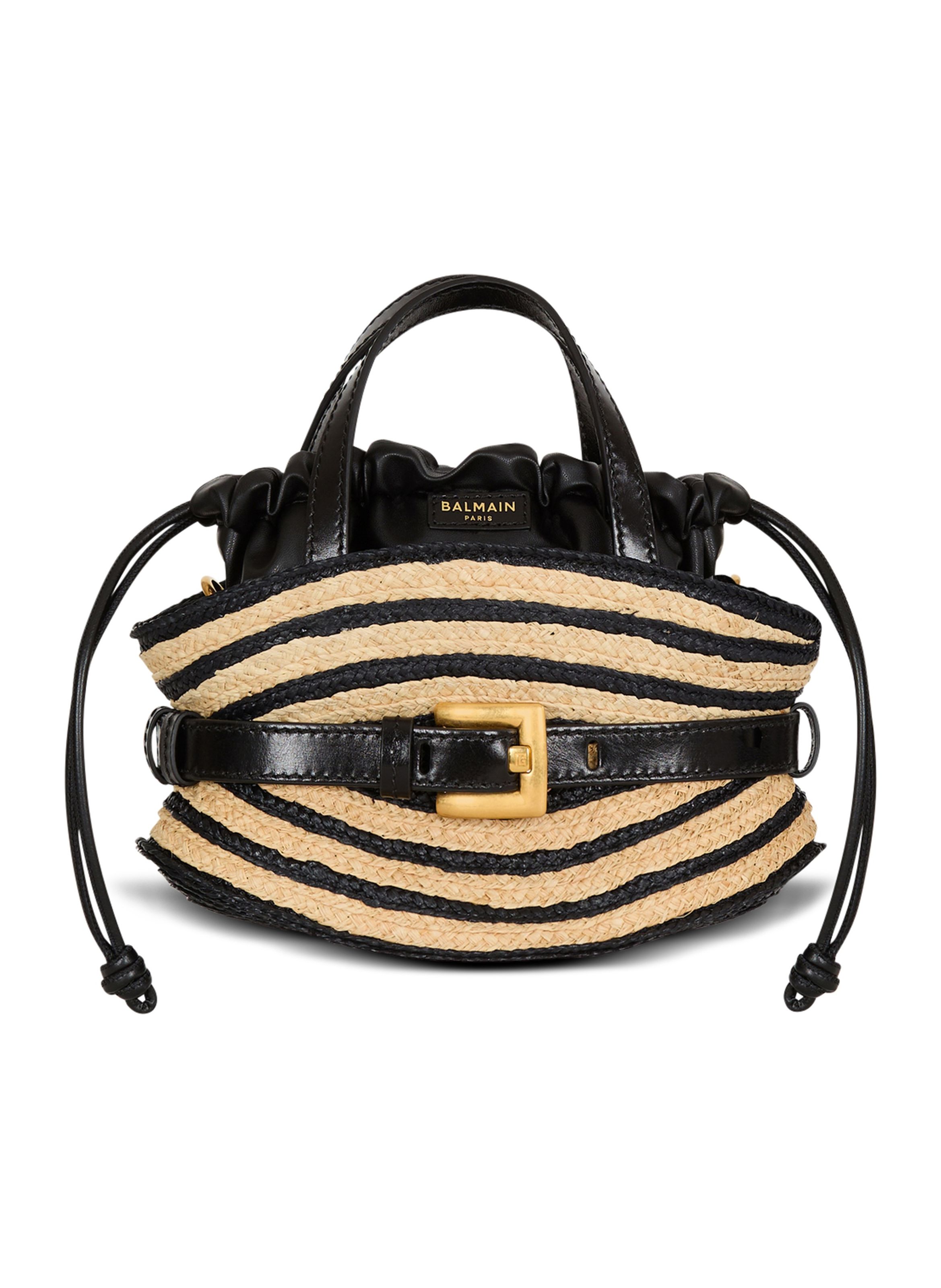 Sac shuffle mini en raphia et cuir lisse BALMAIN Beige