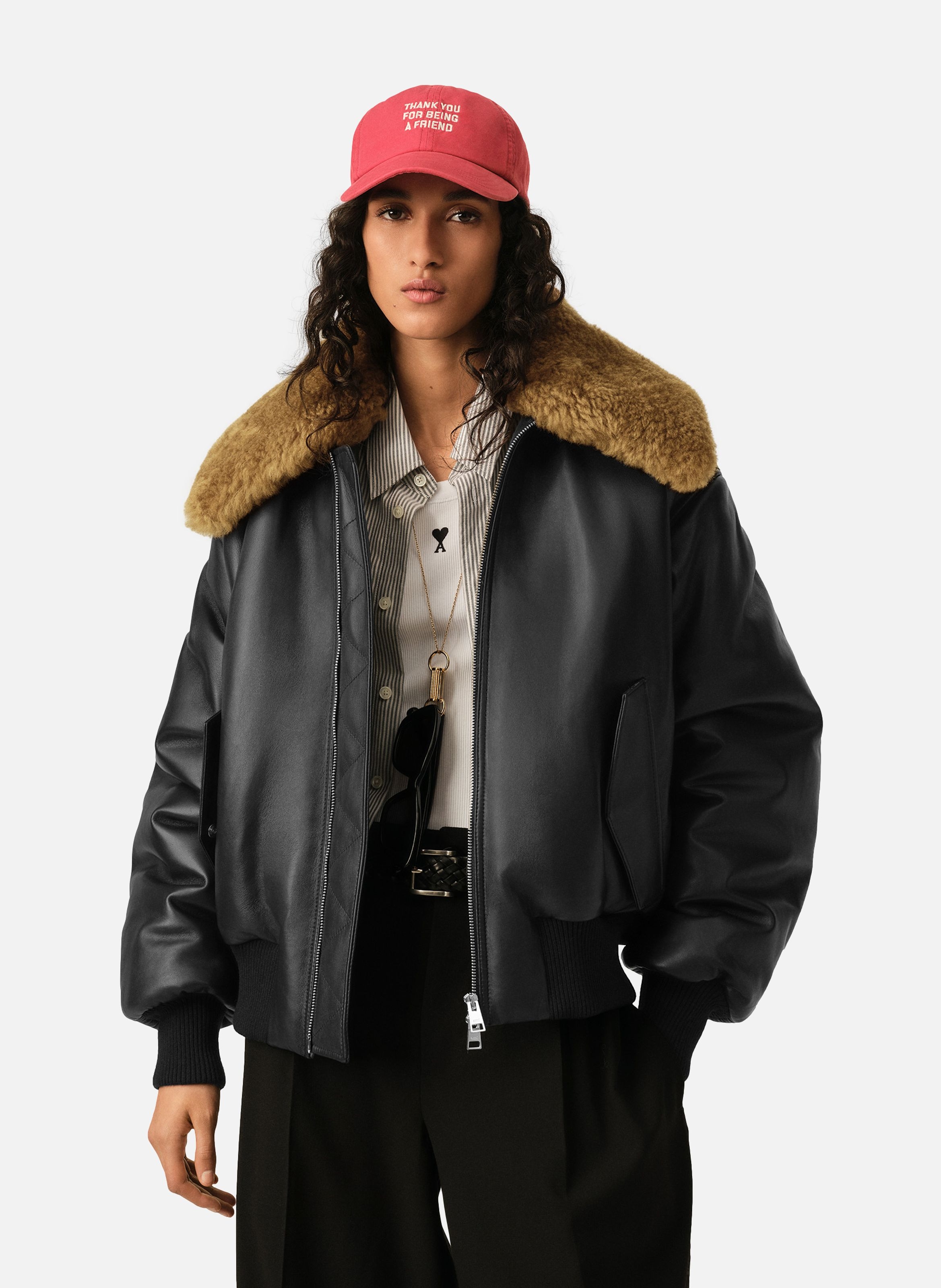 Blouson rembourré unisexe en cuir d'agneau AMI PARIS Noir