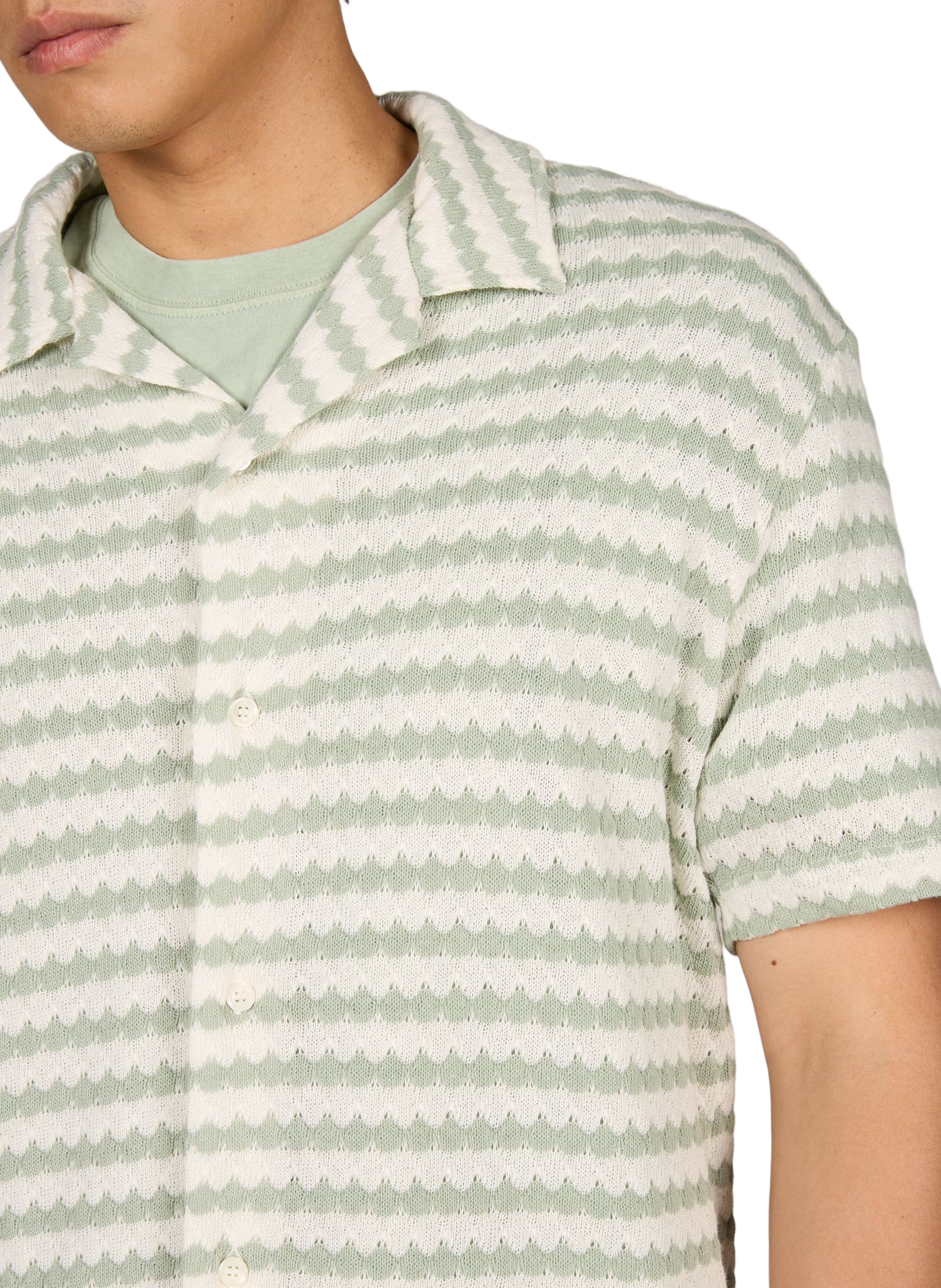 Camicia diritta a righe a maniche corte in cotone SELECTED Verde