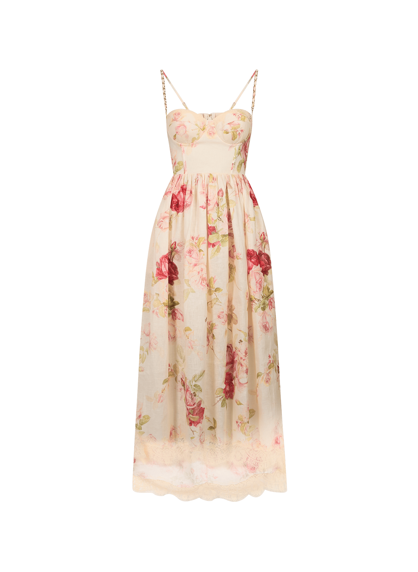 Midi-jurk van linnen met bloemenprint en kanten zoom ZIMMERMANN Roze