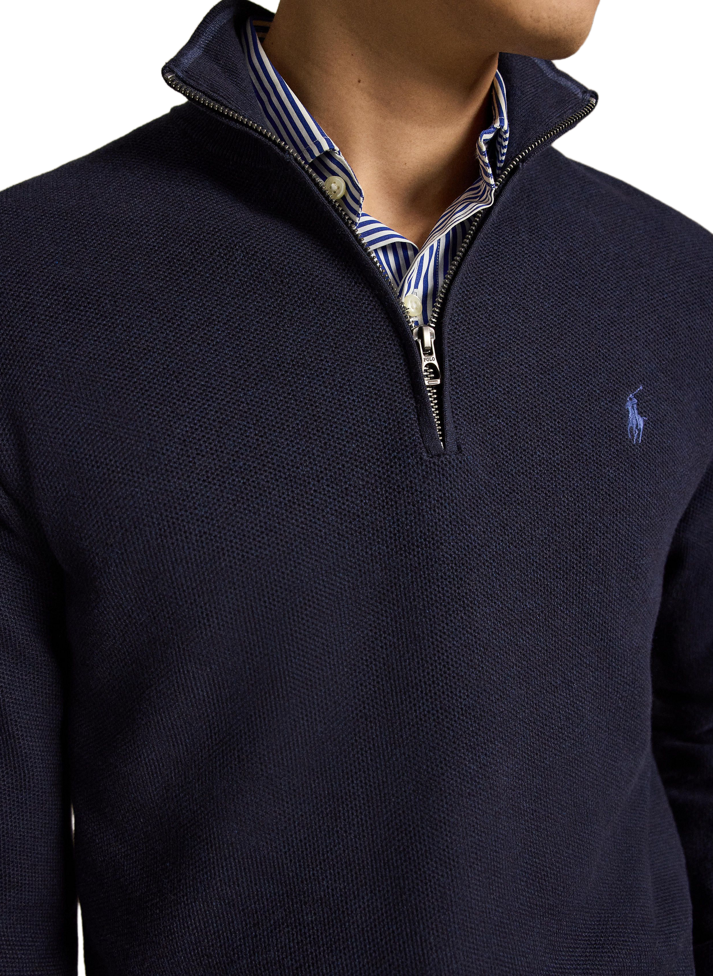 Cotton textured knit zip-up sweater. POLO RALPH LAUREN Blue