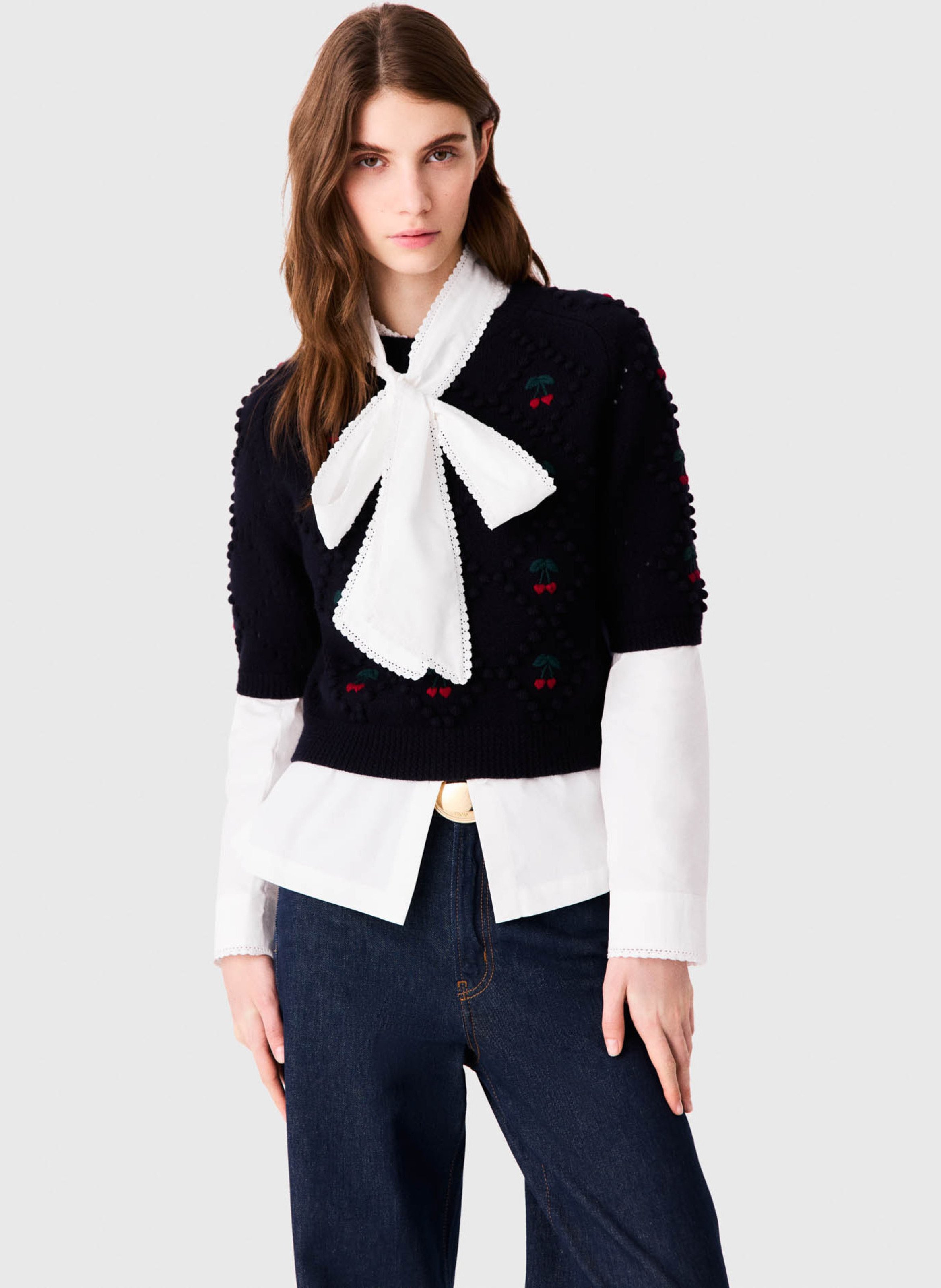 Pull droit col rond brodé en laine MAJE Bleu
