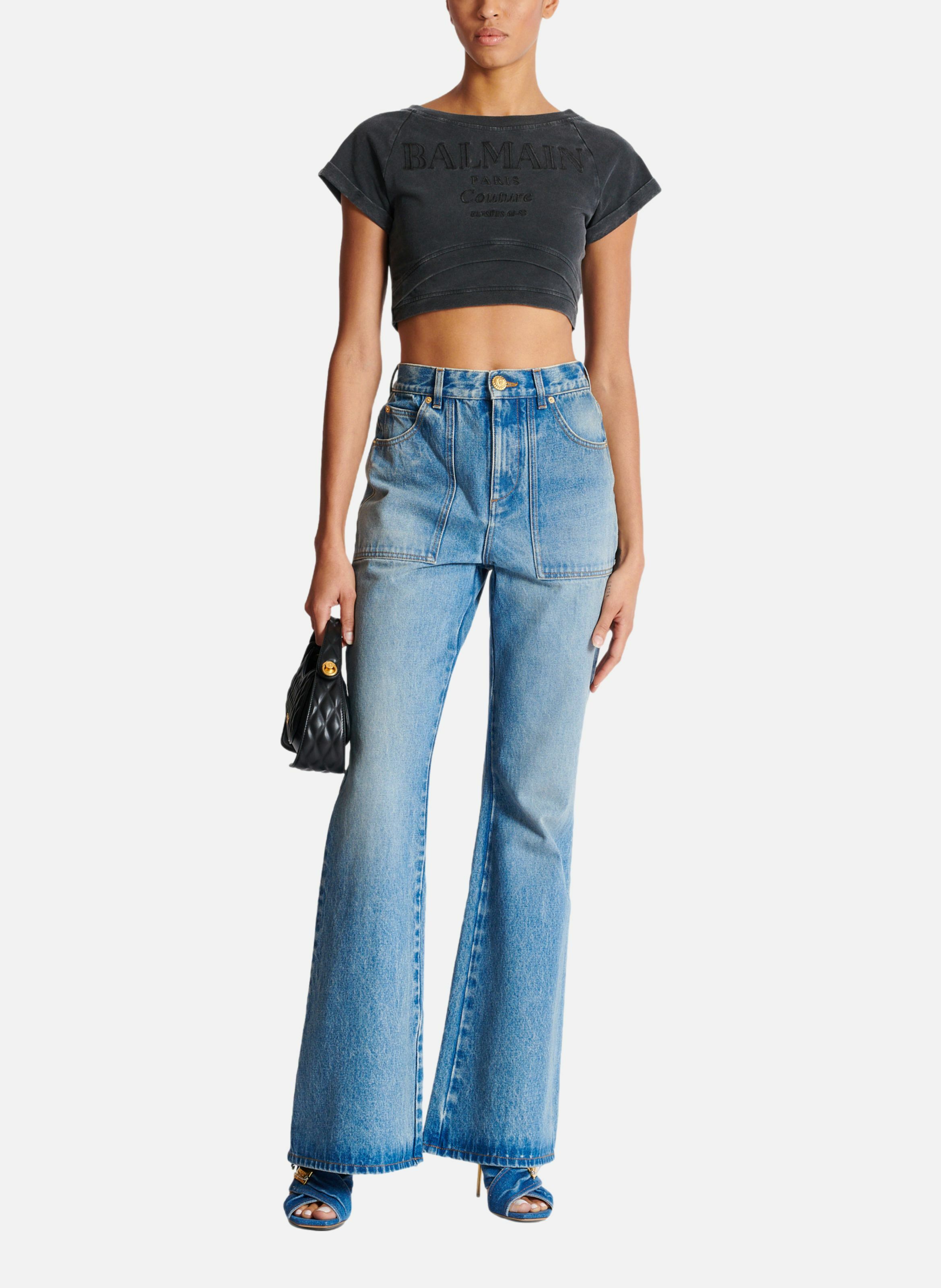 Jean taille haute flare en denim BALMAIN Bleu