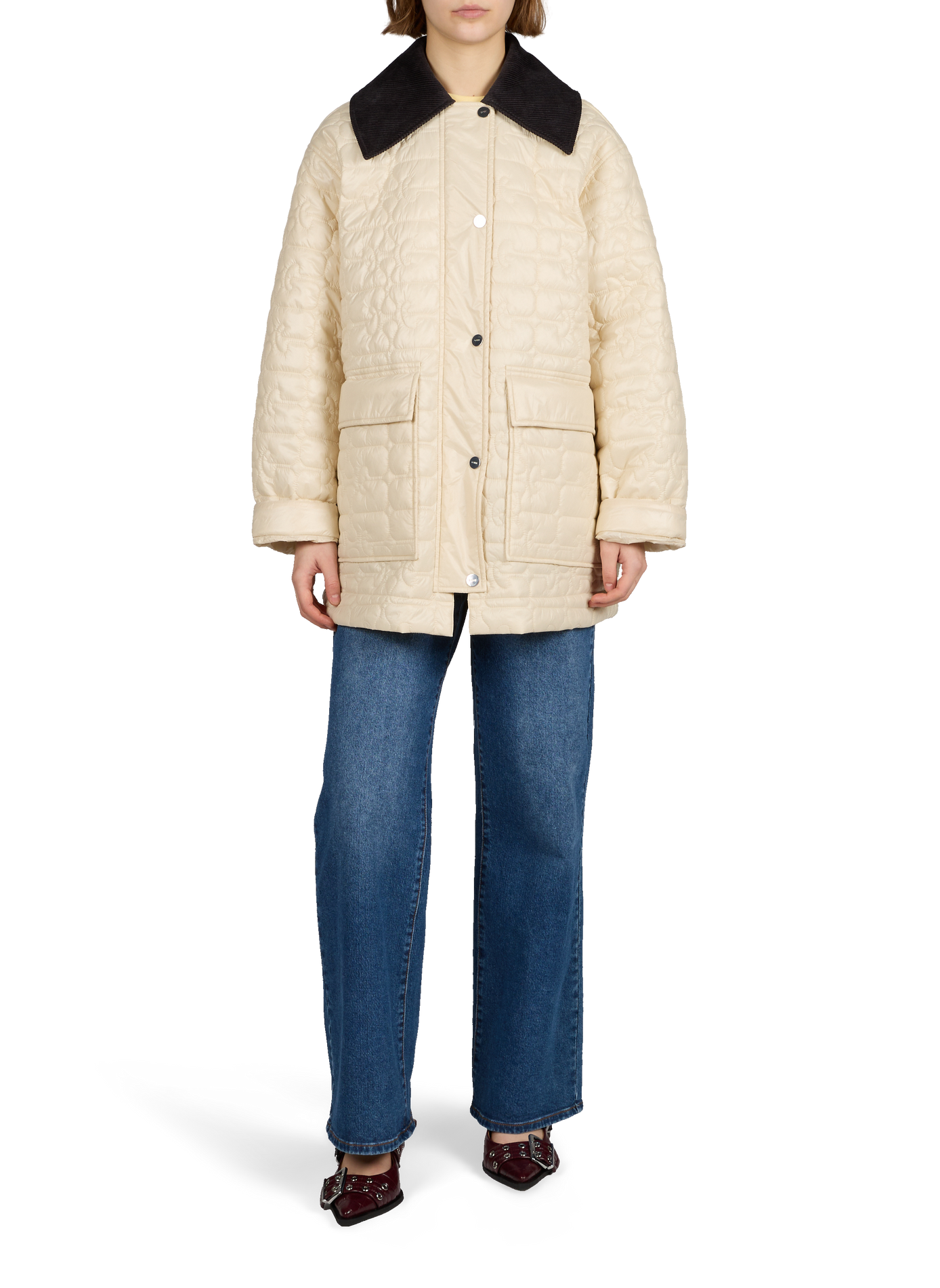 Shiny Quilt padded jacket with contrasting collar GANNI Khaki