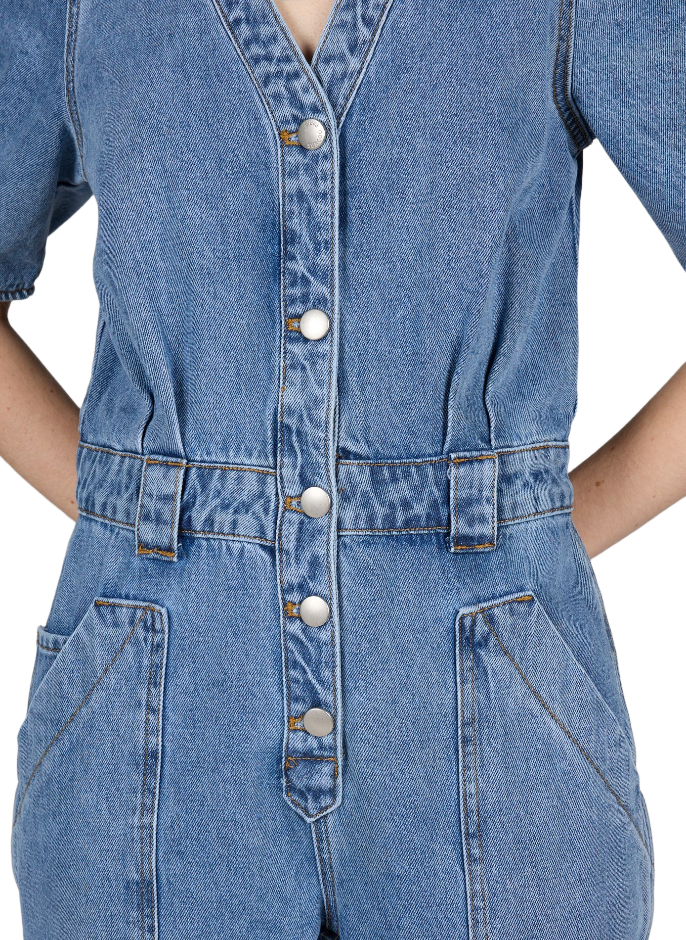 Short-sleeved V-neck denim cotton jumpsuit SUNCOO Blue