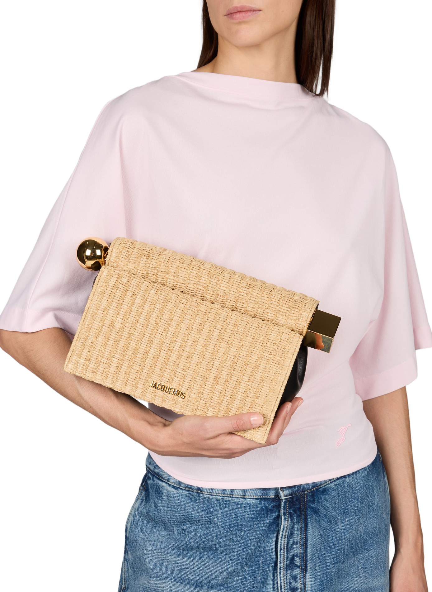 The Round Square Mixed Leather Clutch JACQUEMUS Beige