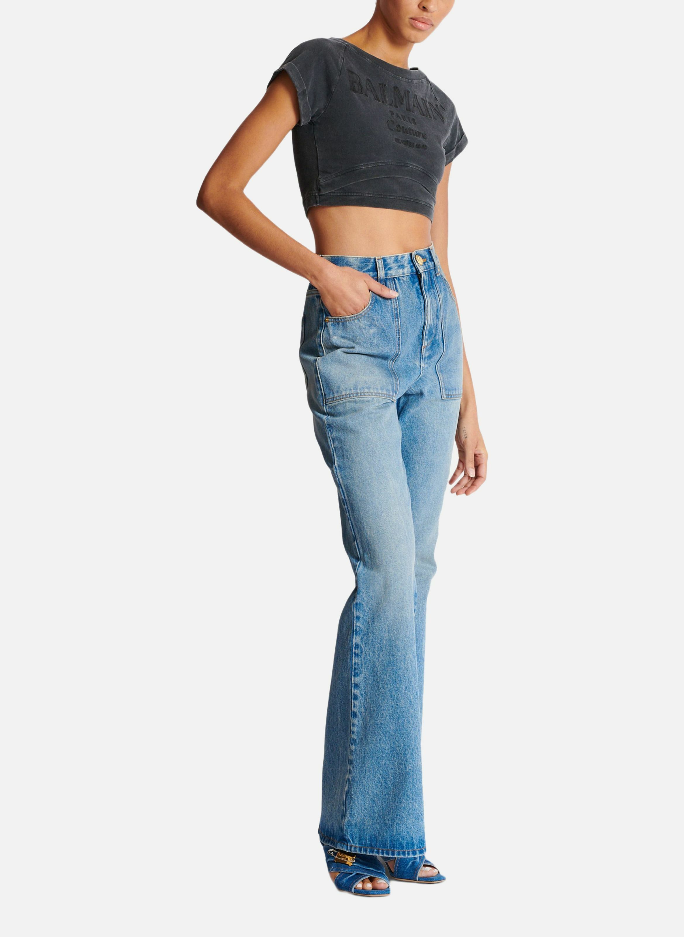 Jean taille haute flare en denim BALMAIN Bleu