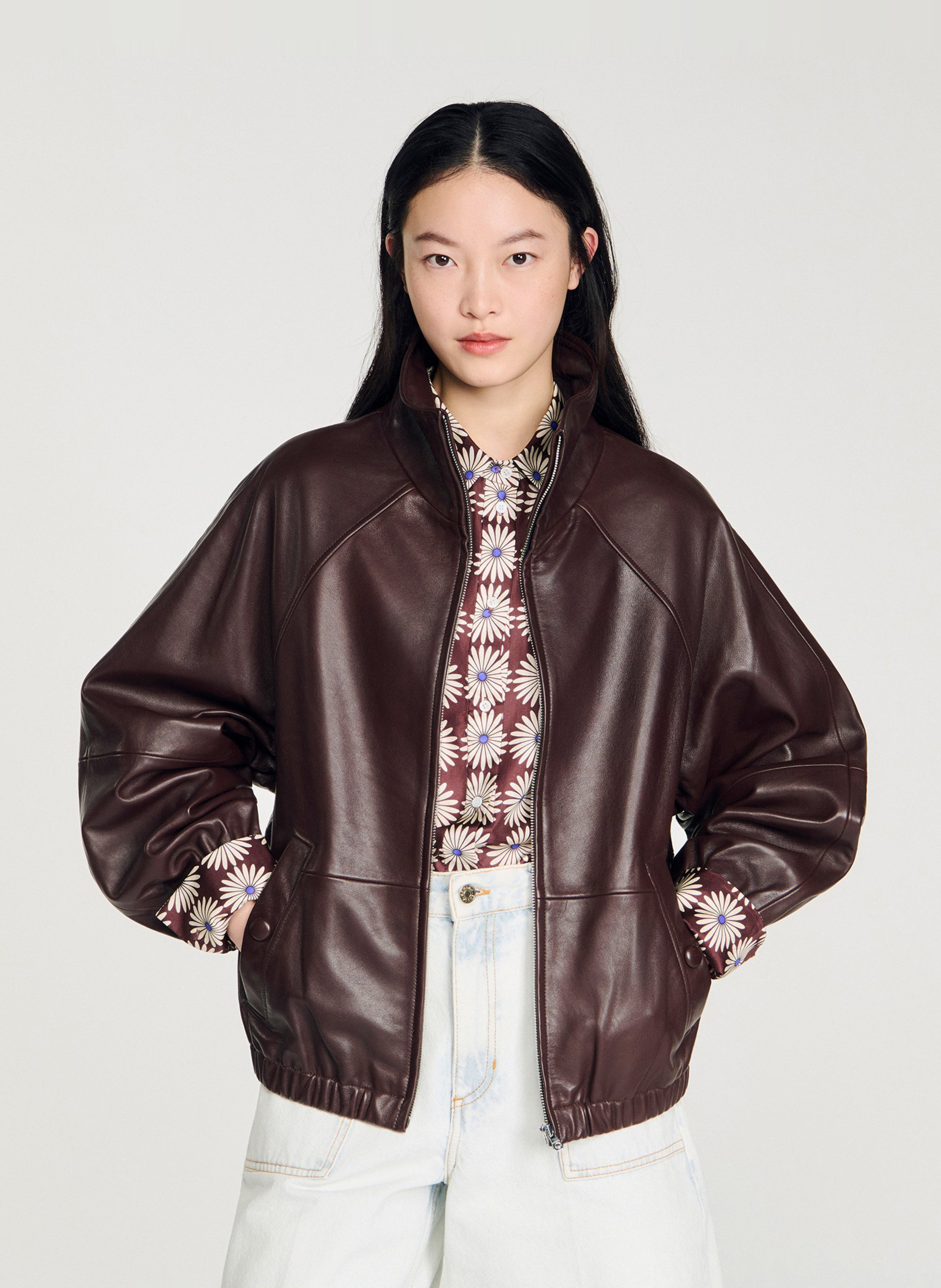 Veste col montant en cuir SANDRO Marron