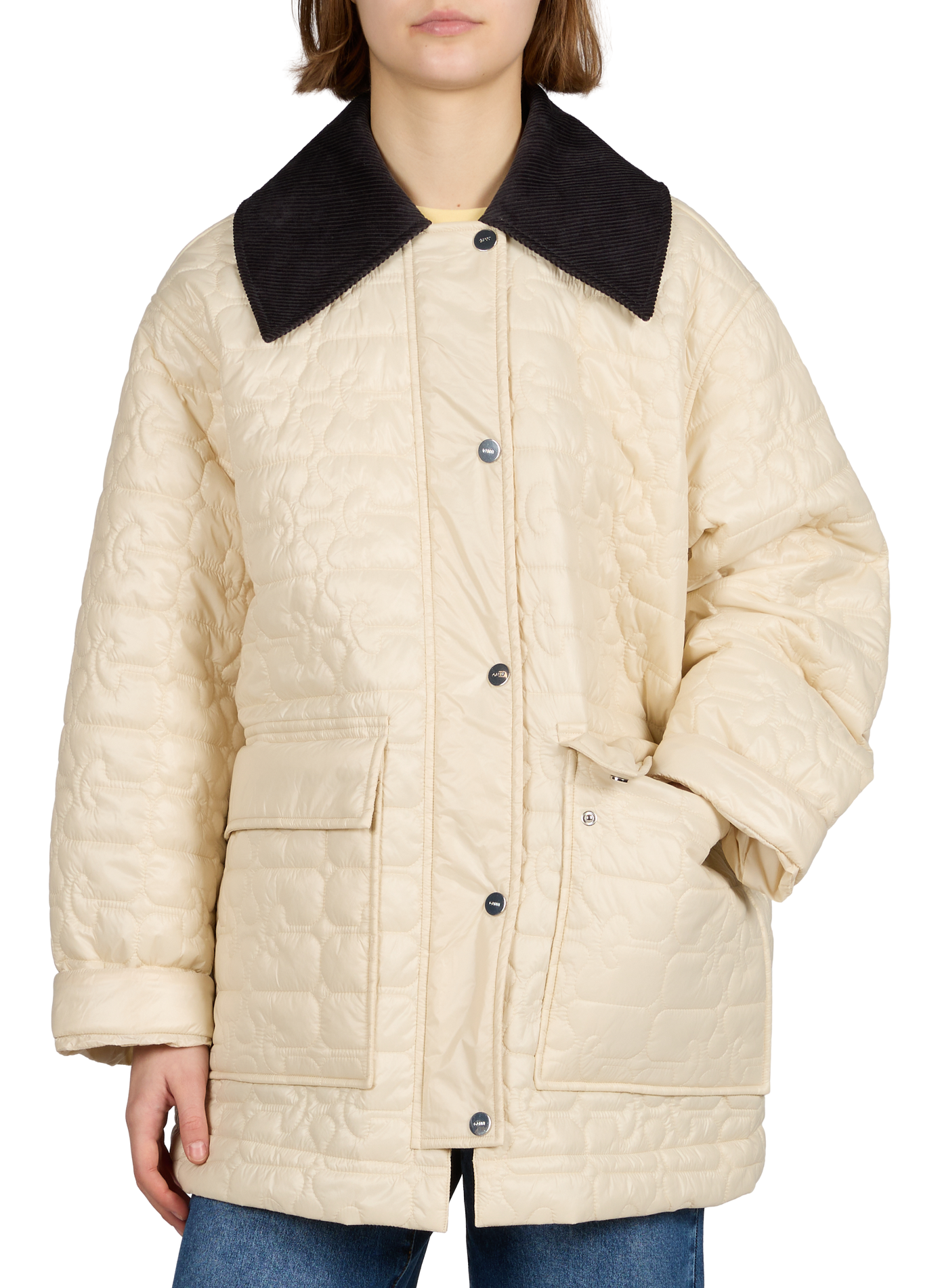 Shiny Quilt padded jacket with contrasting collar GANNI Khaki