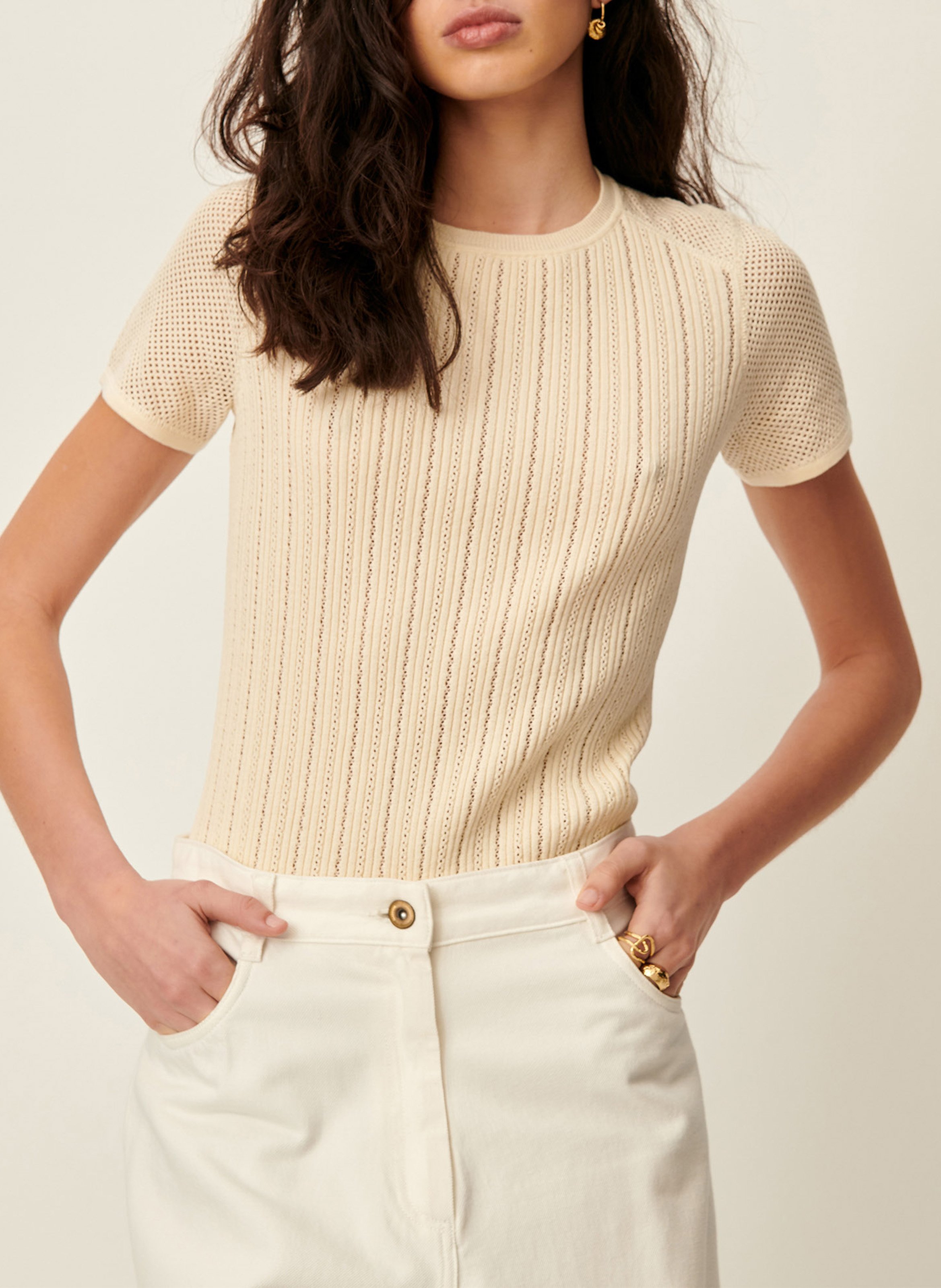Pull droit col rond en coton ajouré alheira SESSUN Beige