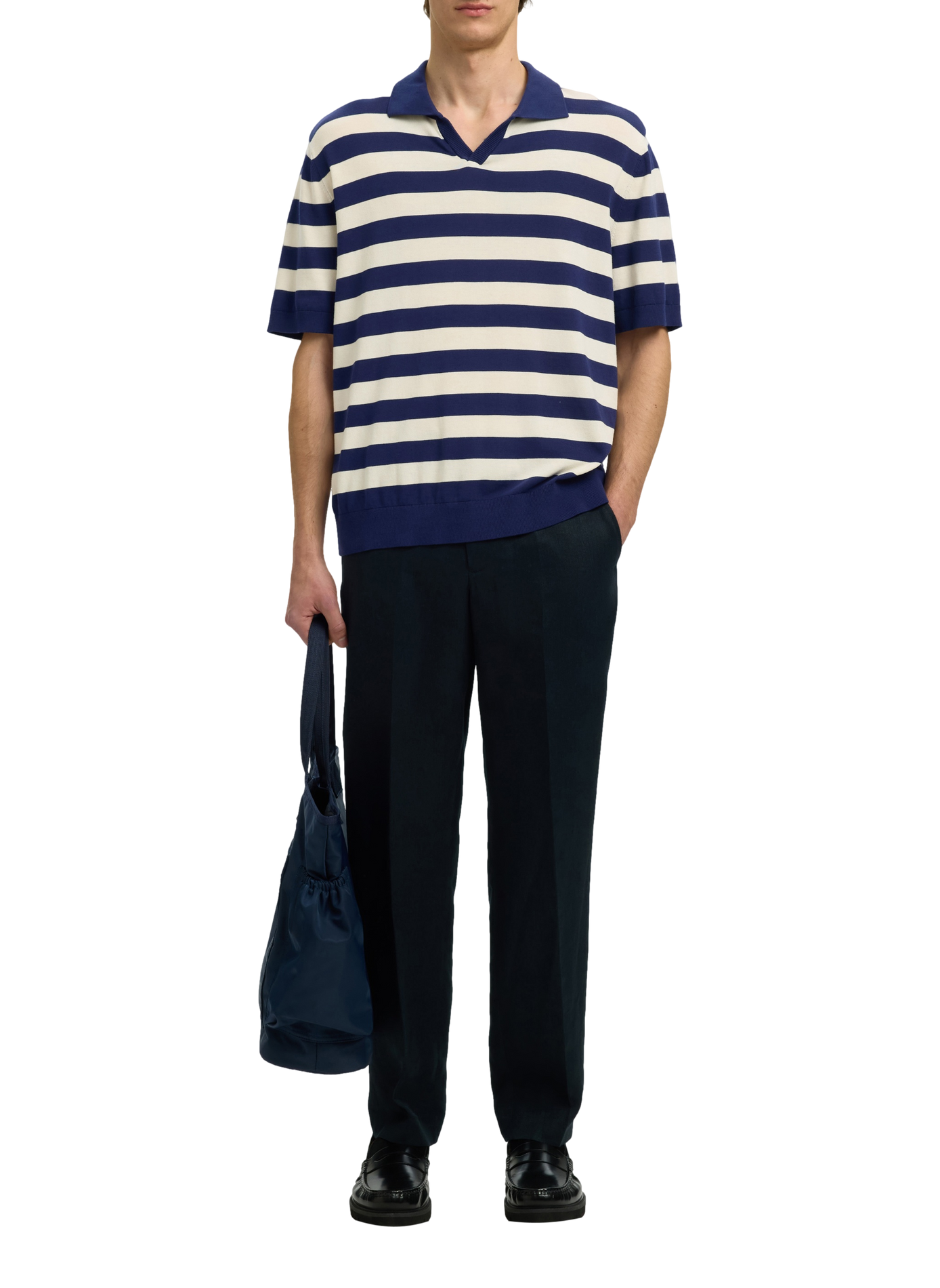 Short-sleeved striped cotton polo SELECTED Blue