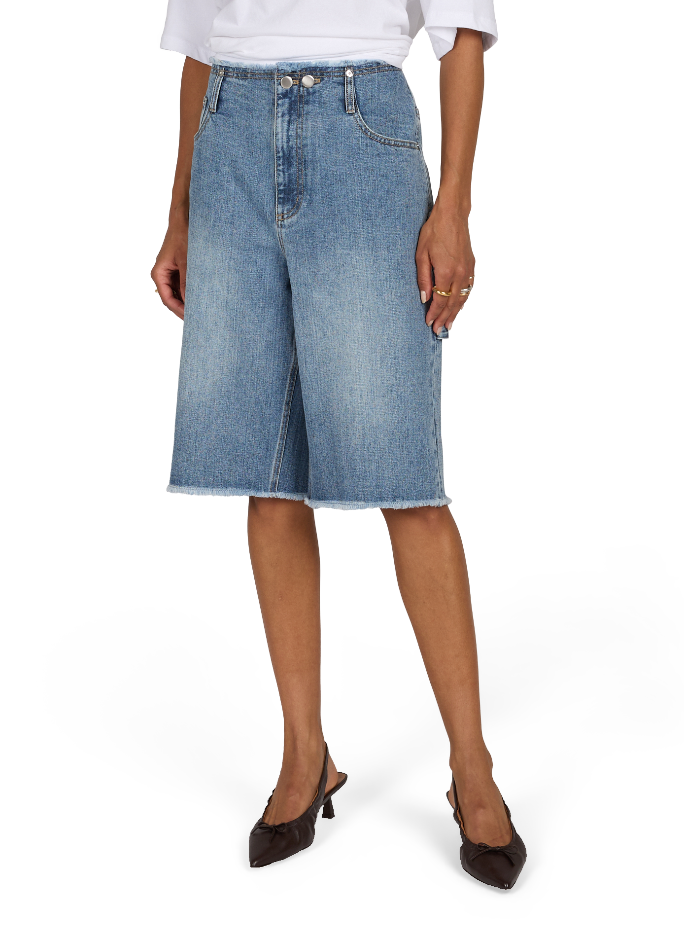 Denim cotton shorts with frayed edges | Blue TIBI Women