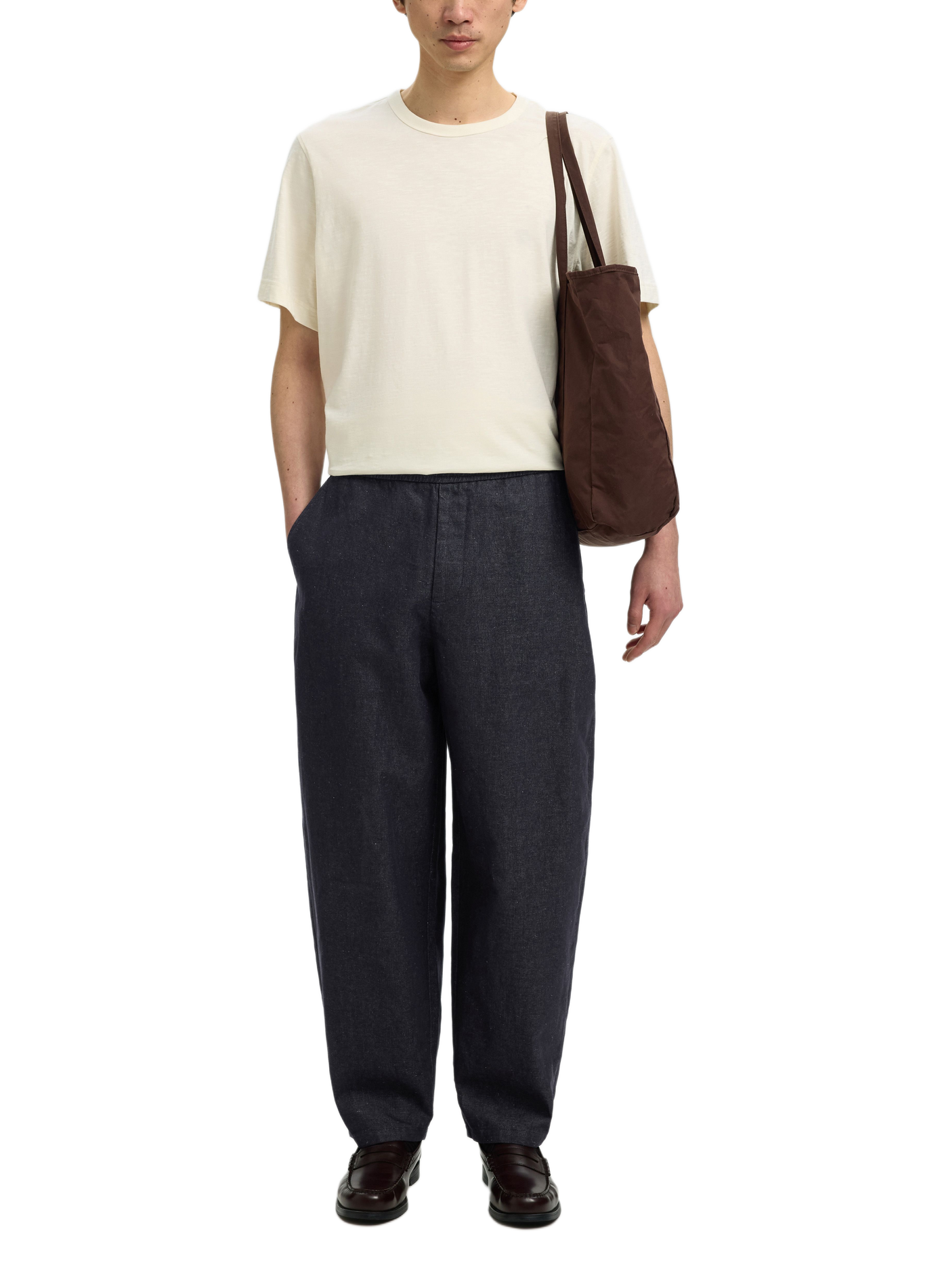 Pantalon droit en coton et lin SELECTED Bleu