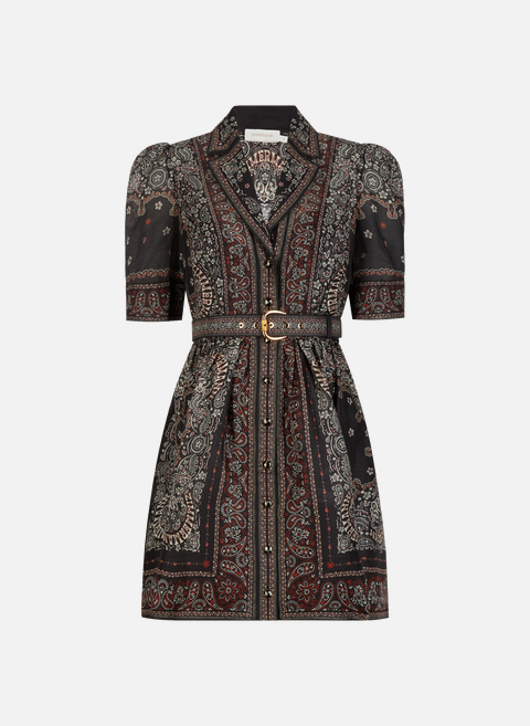 Short patterned dress in linen and silk BlackZIMMERMANN 