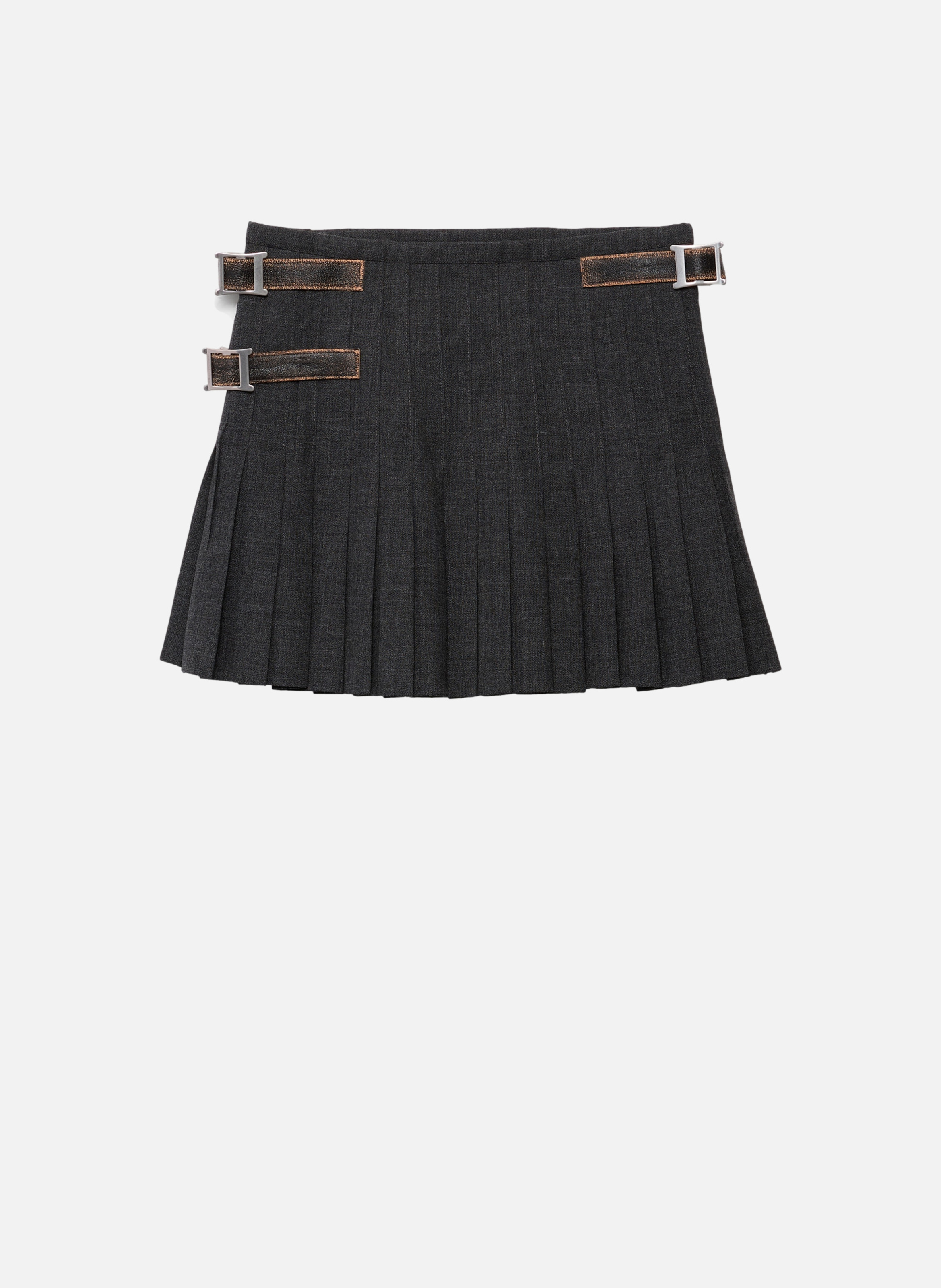 Jupe courte en laine à plis soleil avec point de c PRADA Gris