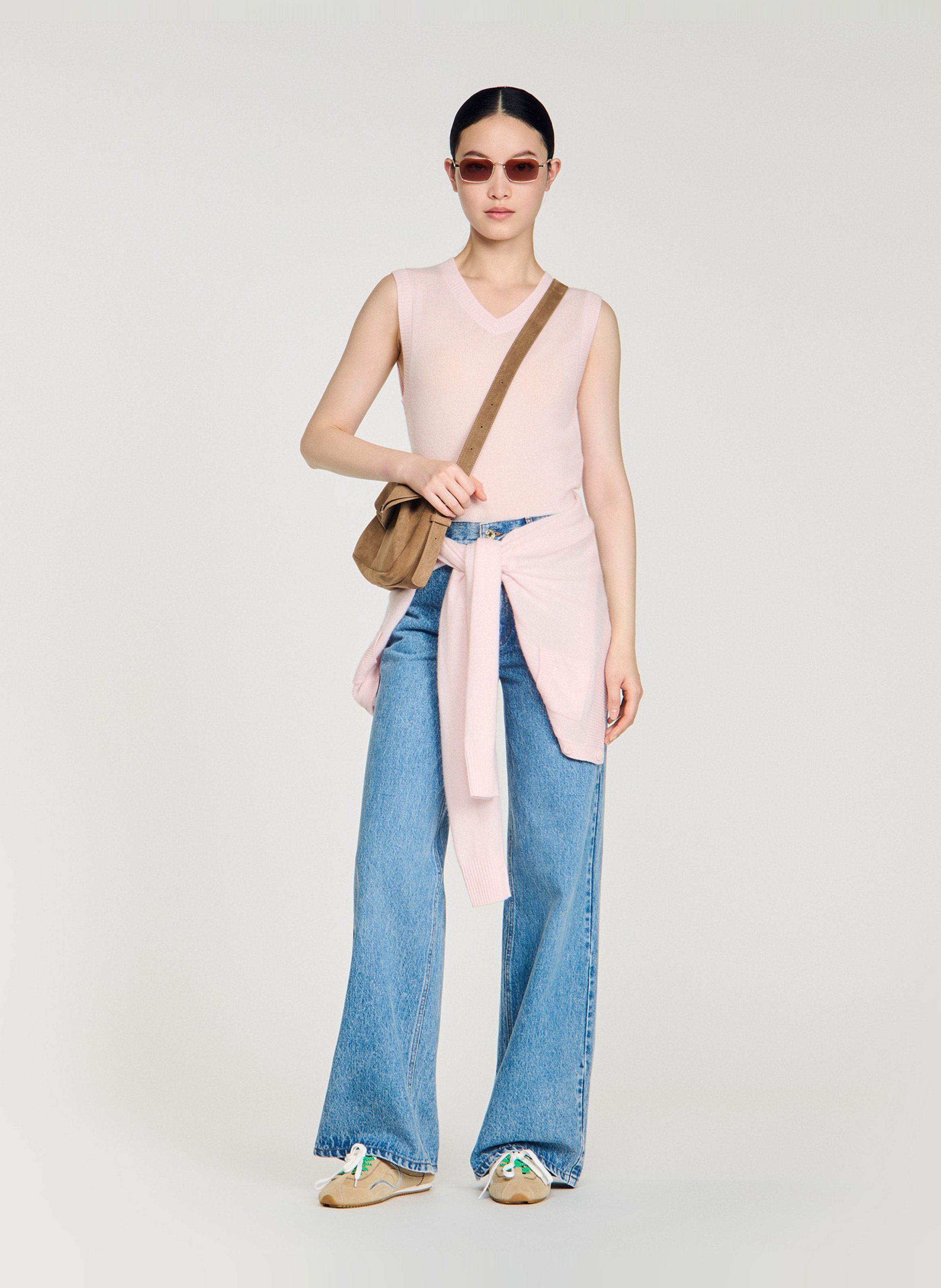 Top col v en laine mélangée Rose