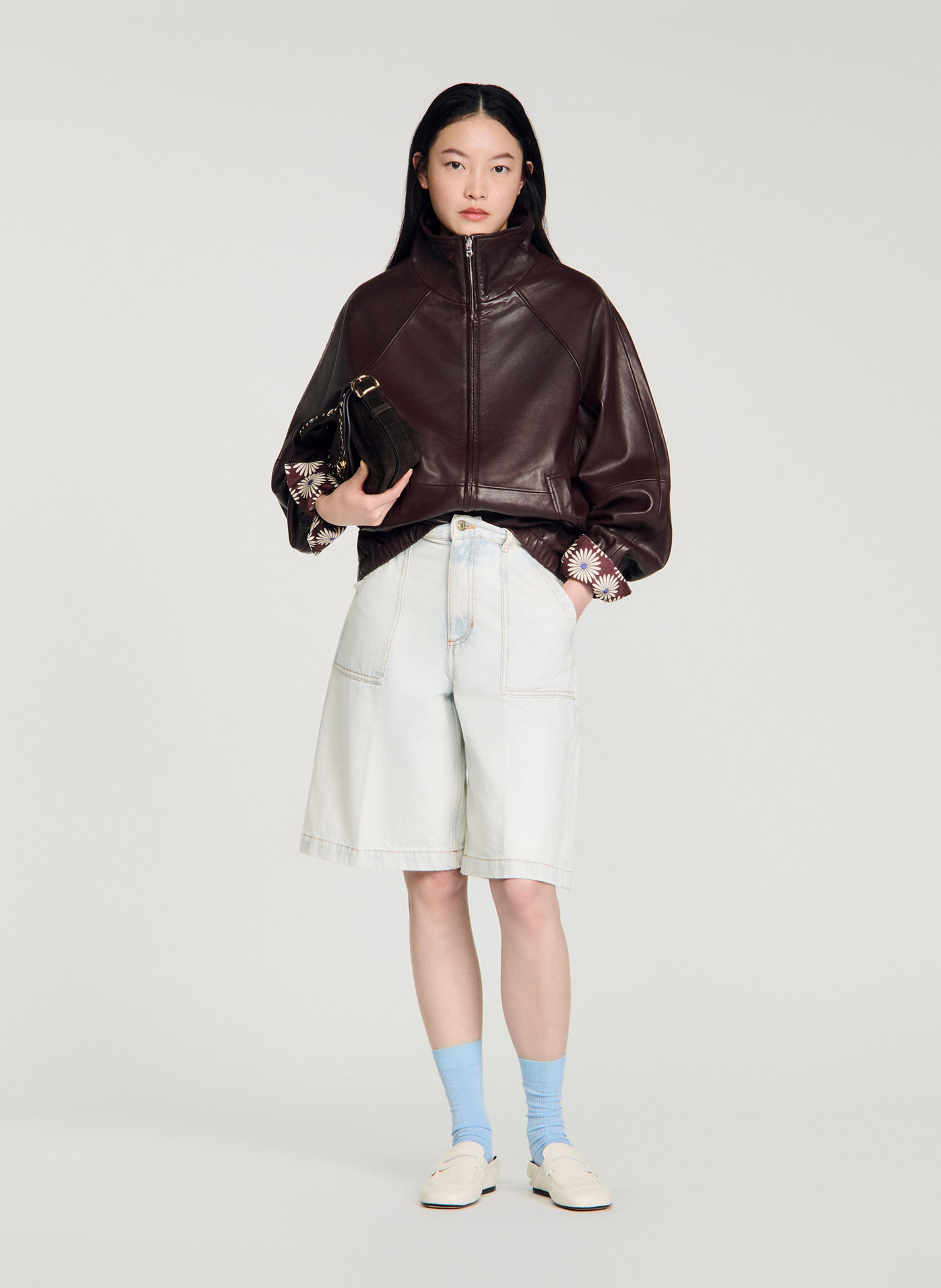 Veste col montant en cuir SANDRO Marron