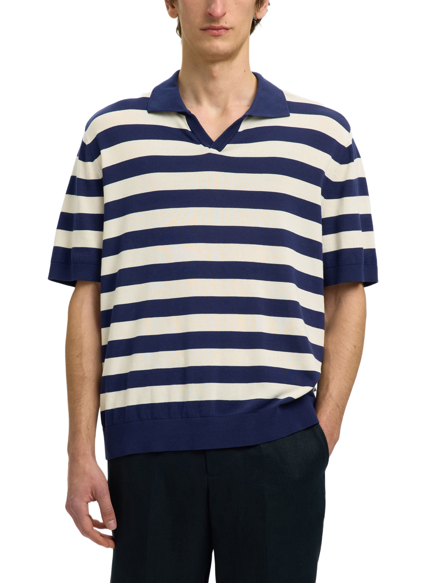 Short-sleeved striped cotton polo SELECTED Blue