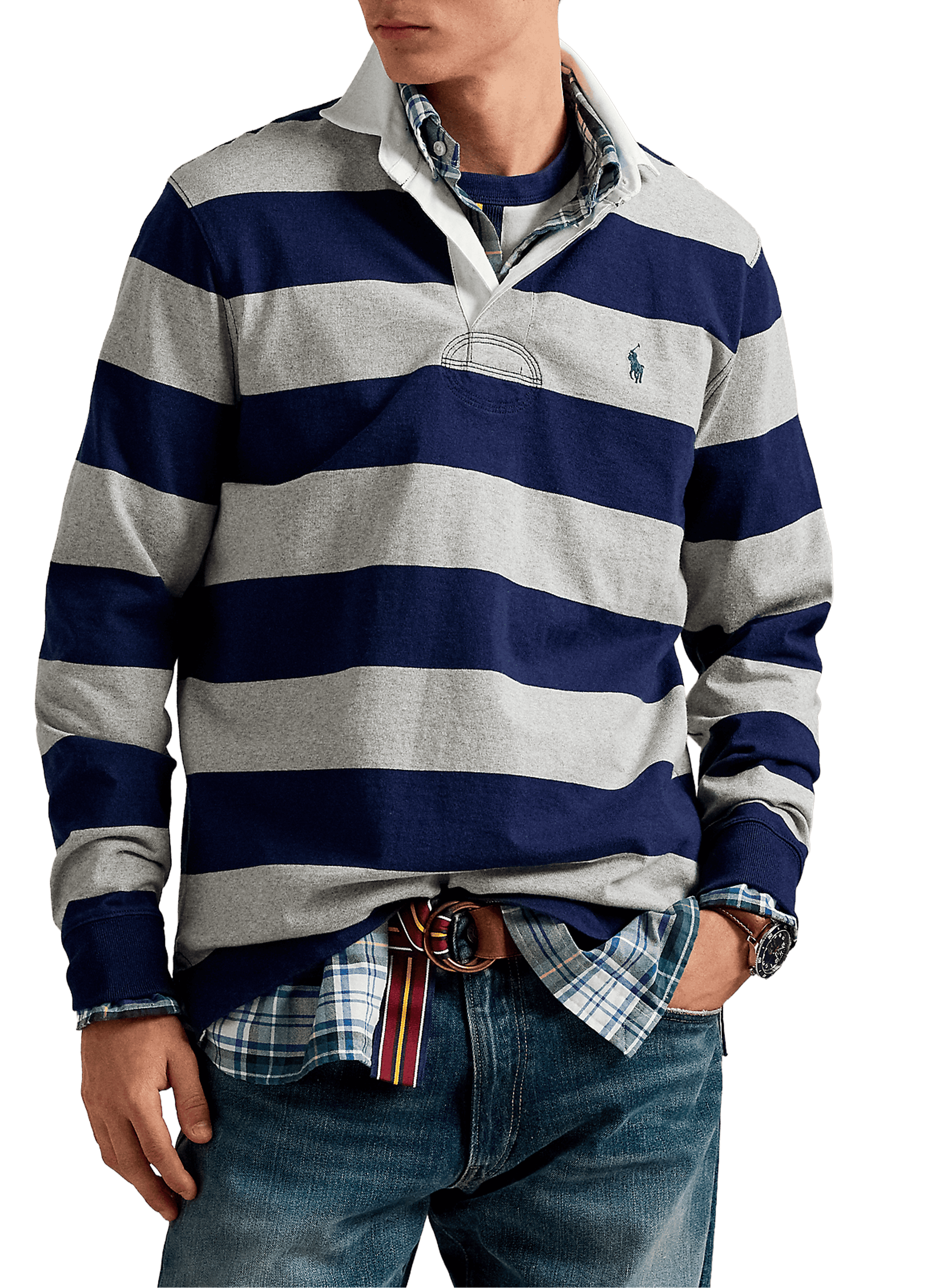 POLO RALPH LAUREN Long-sleeved striped cotton polo shirt Blue