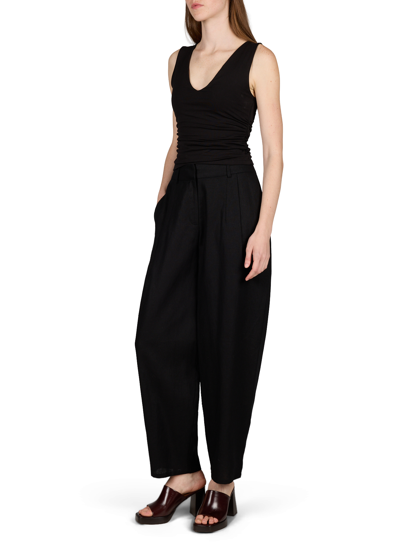 Ruched V-neck Top in Cotton Blend TOPSHOP Black