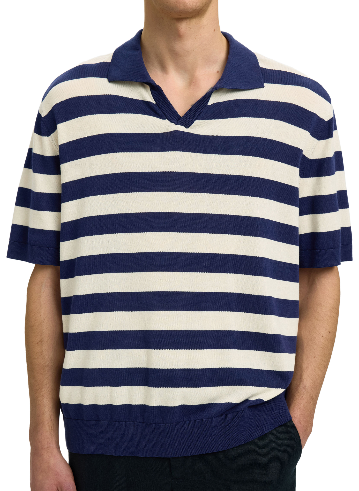 Short-sleeved striped cotton polo SELECTED Blue