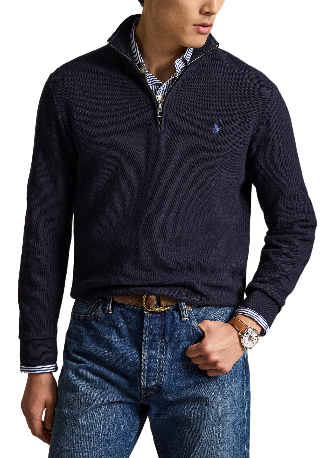 Cotton textured knit zip-up sweater. POLO RALPH LAUREN Blue