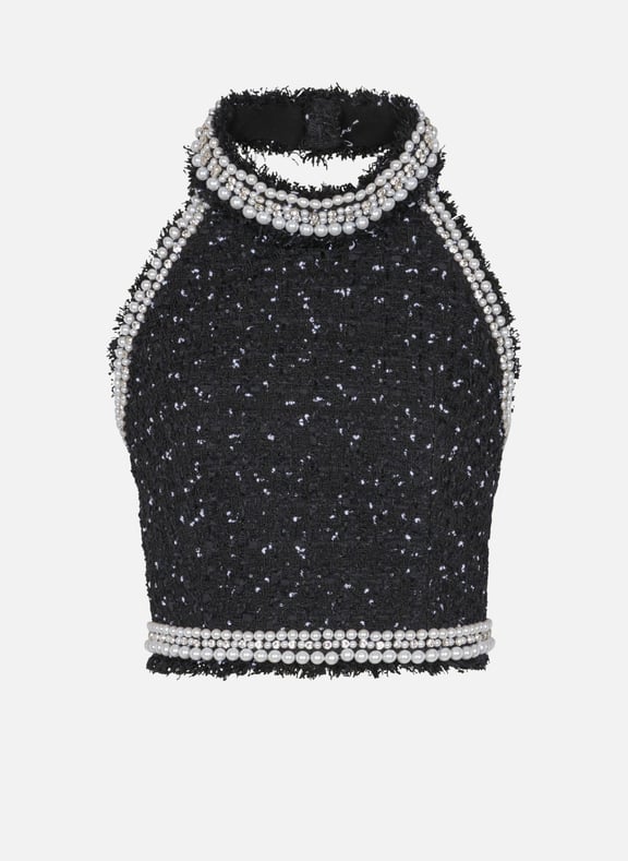 Top dos-nu en tweed polka dots brodé Noir by BALMAIN BALMAIN Top dos-nu en tweed polka dots brodé Noir