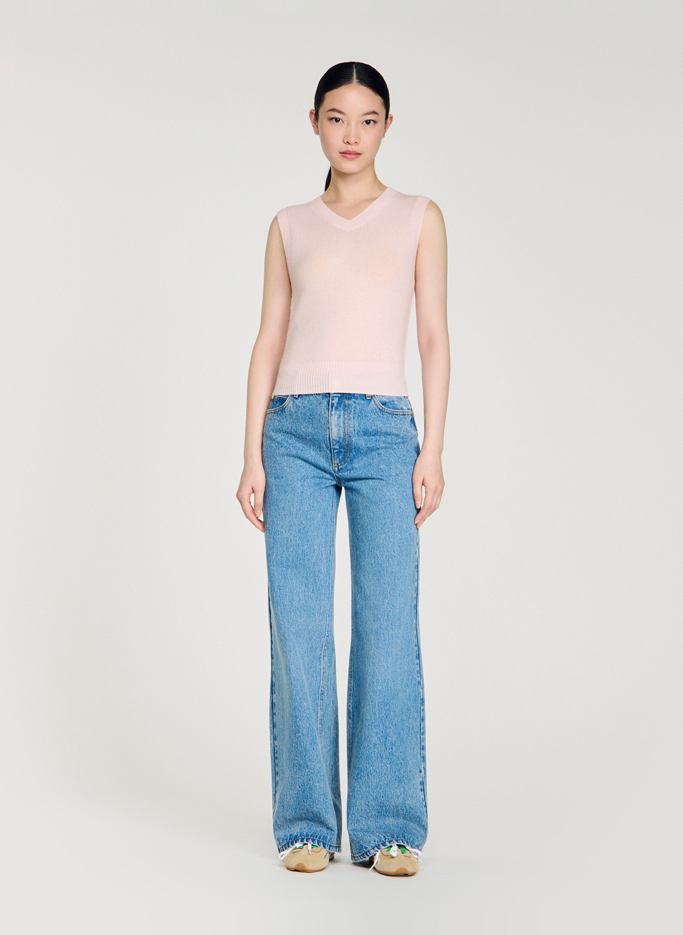 Top col v en laine mélangée Rose