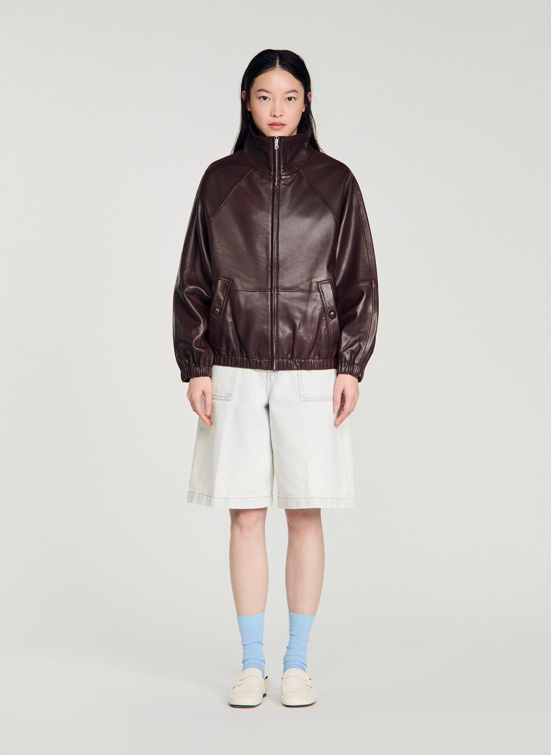 Veste col montant en cuir SANDRO Marron