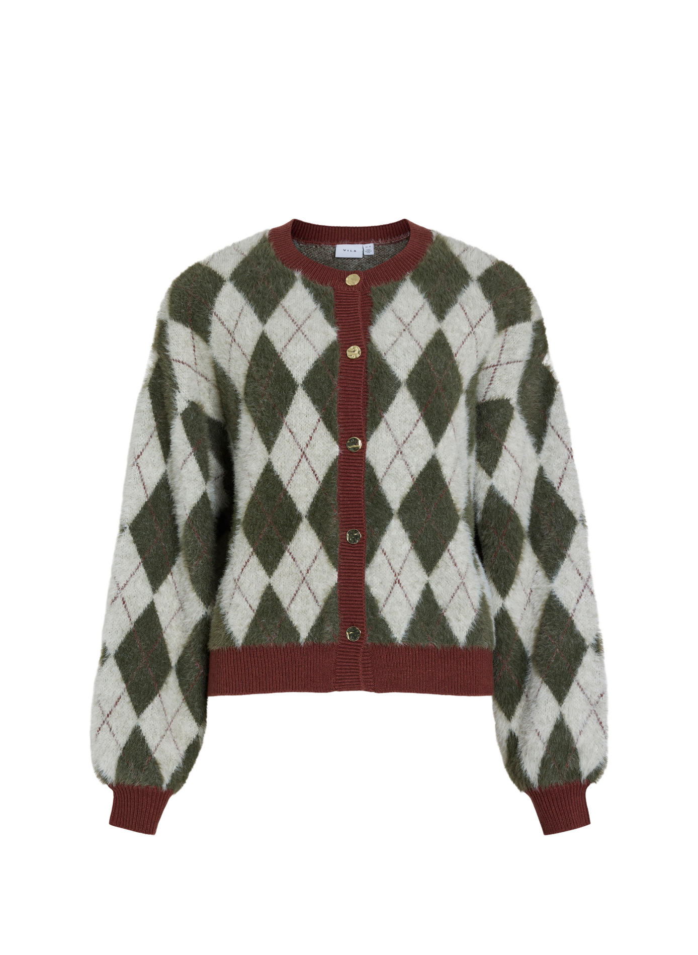 Straight-cut jacquard cardigan with a crew neck VILA Khaki
