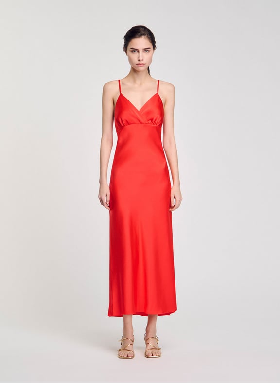 Robe midi à bretelles en satin Rouge by SANDRO SANDRO Robe midi à bretelles en satin Rouge