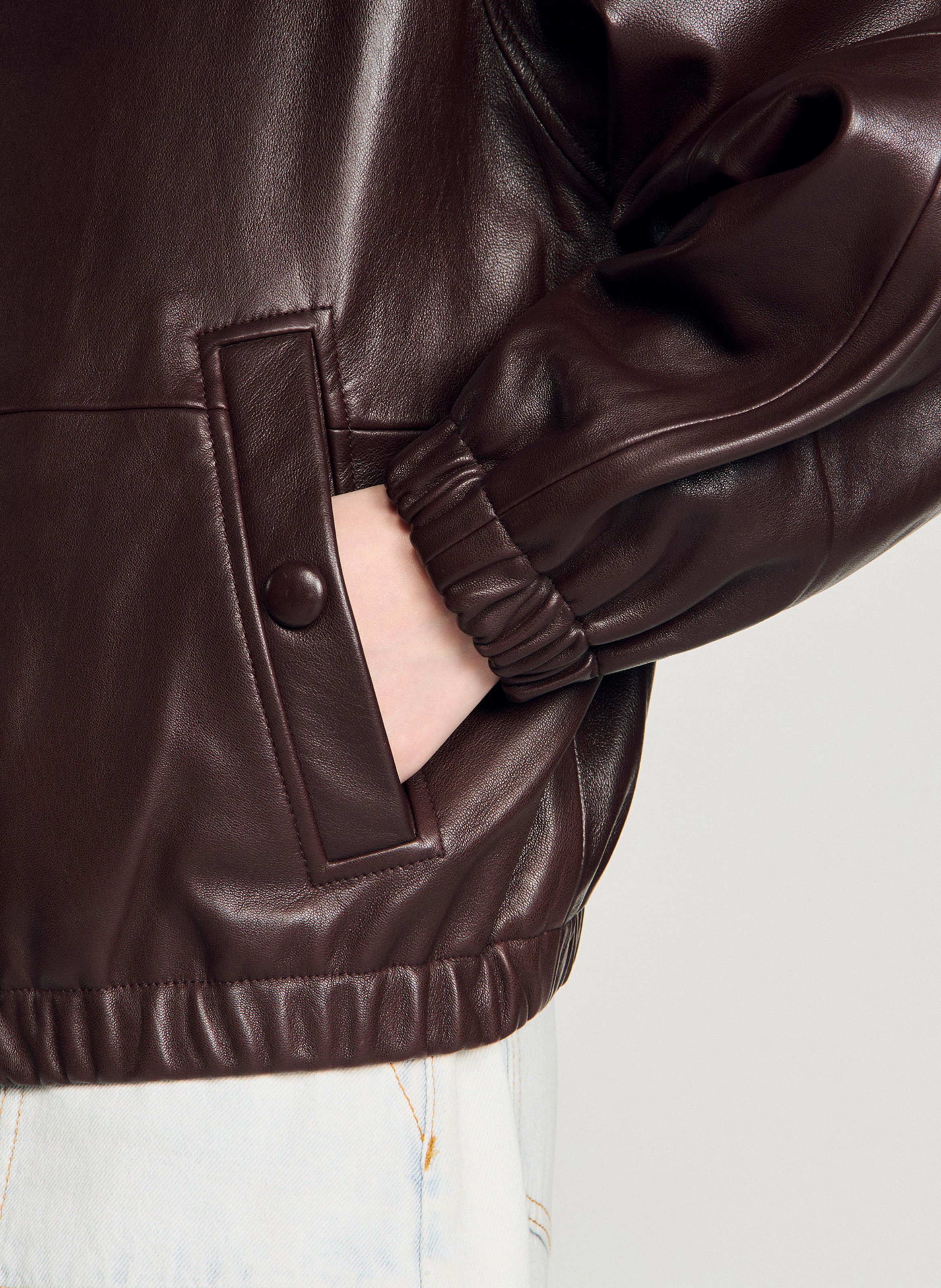 Veste col montant en cuir SANDRO Marron