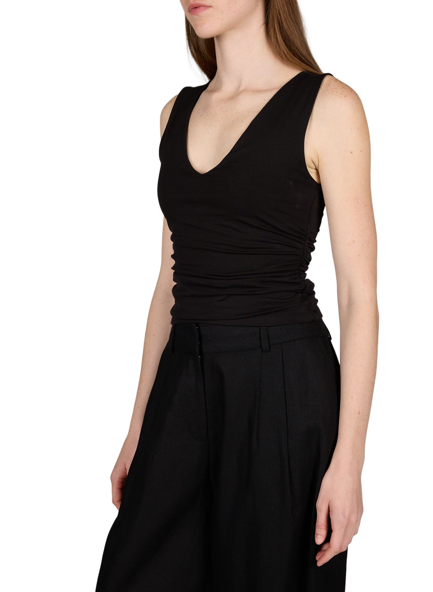 Ruched V-neck Top in Cotton Blend Black TOPSHOP