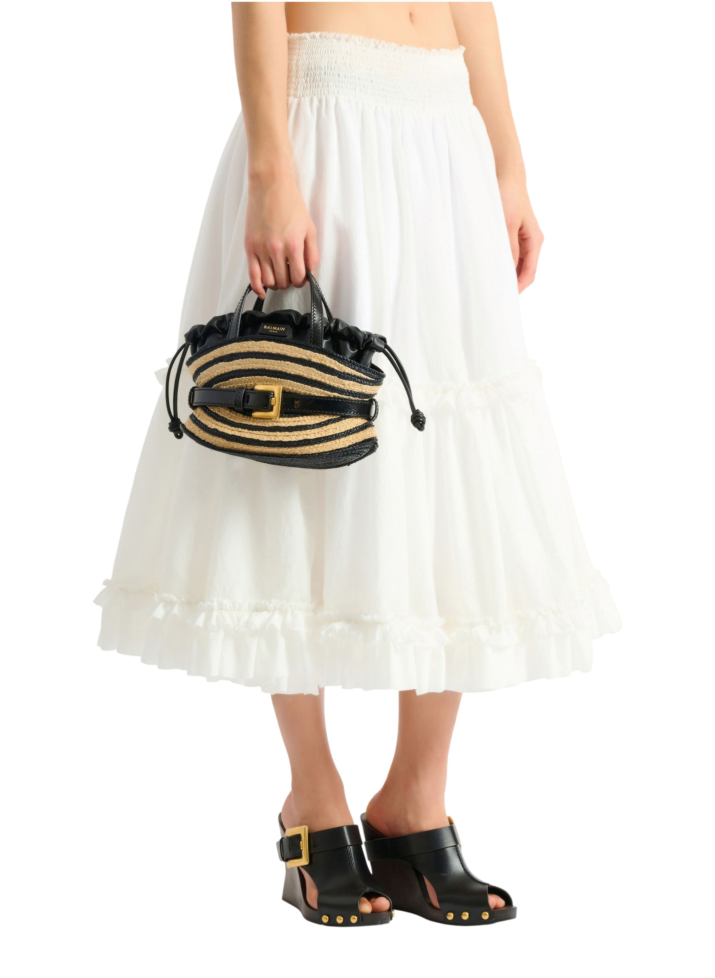 Sac shuffle mini en raphia et cuir lisse BALMAIN Beige
