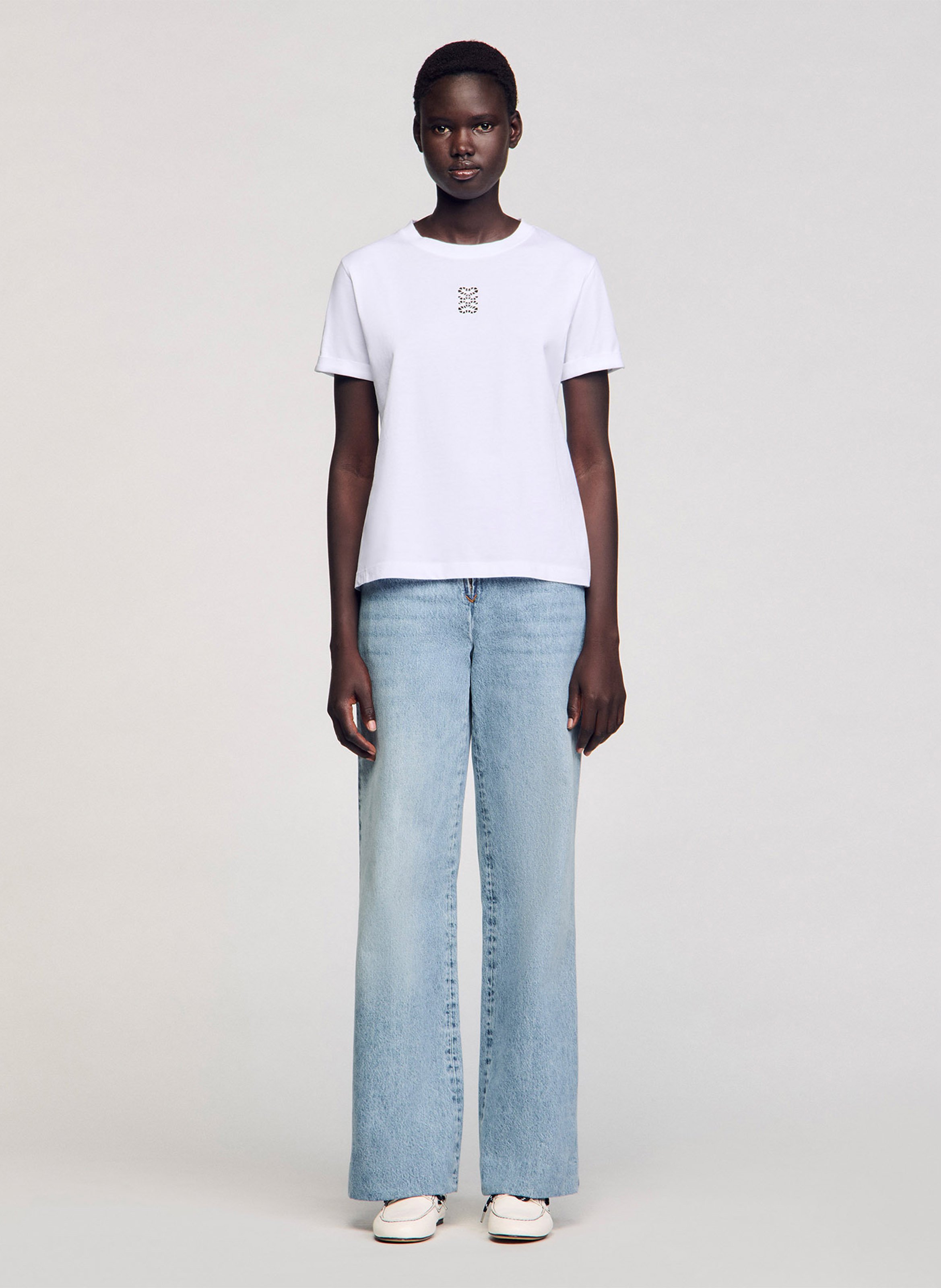 Tee-shirt droit col rond en coton SANDRO Blanc