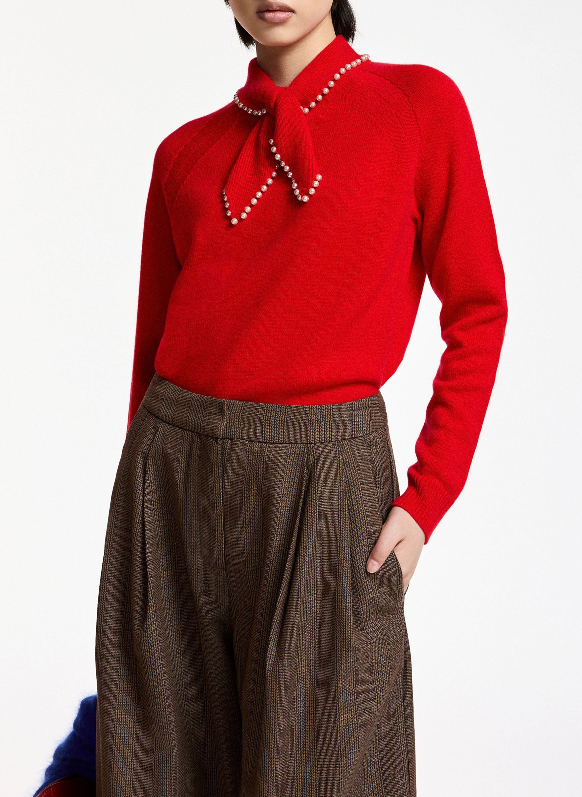 Pull droit col lavallière en laine et cachemire kasa ESSENTIEL ANTWERP Rouge