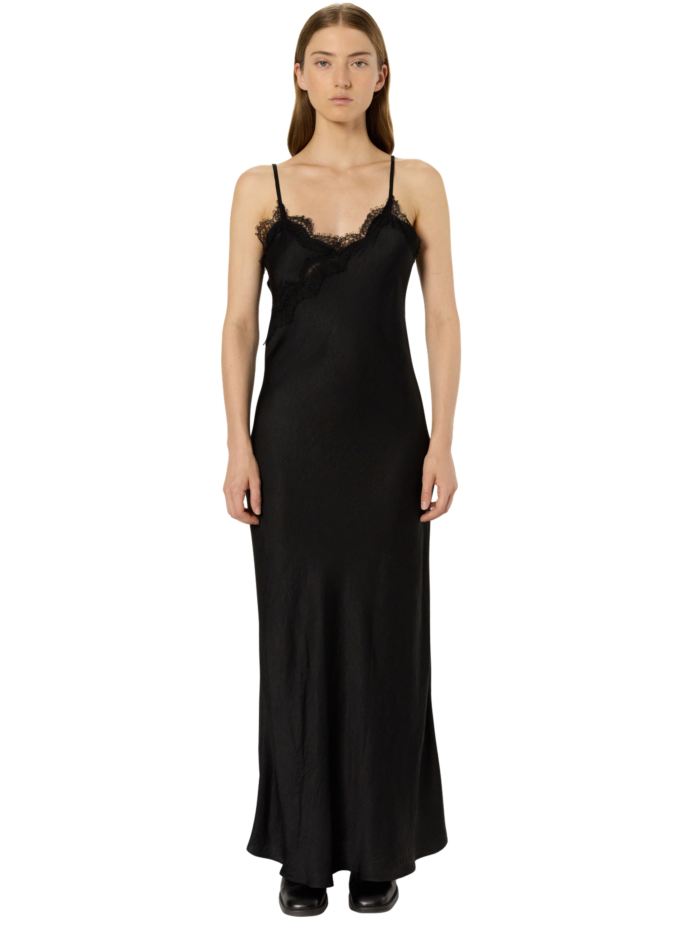 Robe longue à fines bretelles et dentelle - lou GERARD DAREL Noir